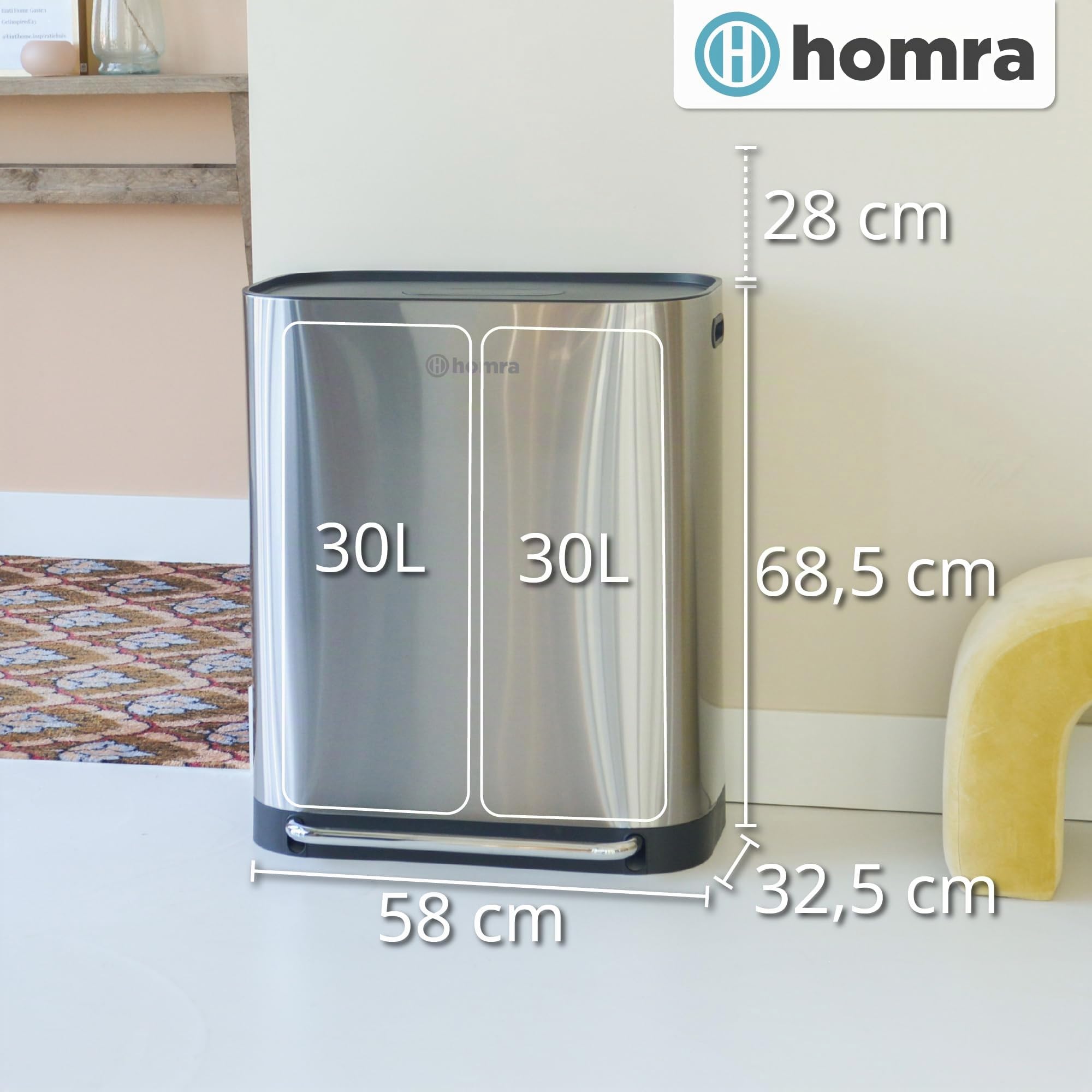Homra Cubo Basura 60l Rockx | Cubo de Basura de Reciclaje 2x30l | Papelera Cocina | Cubo basura Pedal | Filtro Antiolores | Sistema de separación de residuos con 2 compartimentos | Acero inoxidable