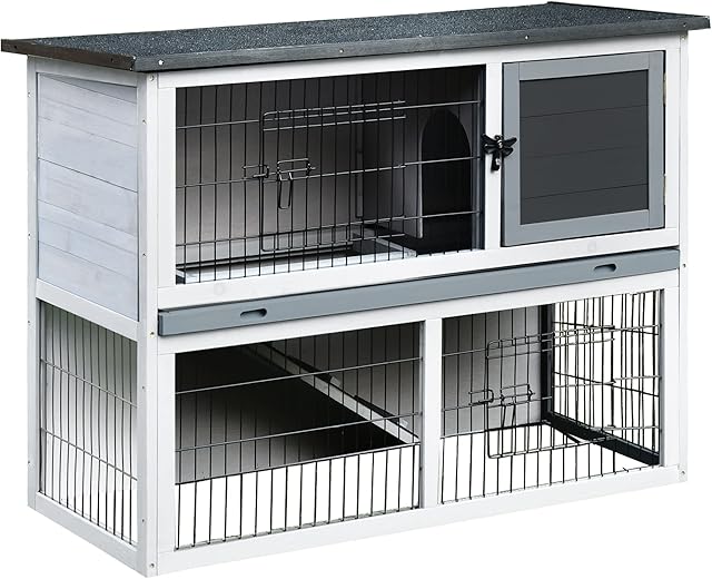 PawHut 2-Tier Wooden Rabbit Hutch Guinea Pig House Bunny Cage Backyard w/ Ramp Outdoor Run Built-in Tray Openable Roof Small Animal House Grey, 108 x 45 x 78 cm