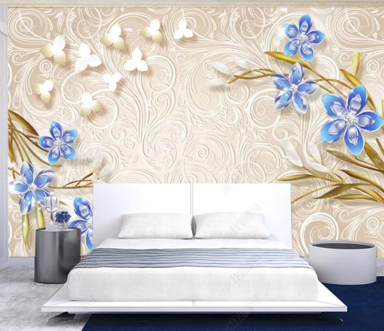 Xlming 350Cm×256Cm(B×H) Blue Flowers Gold Leaves 3D Wallpaper Home Dining Decor Paste Sofa Living Room The Wall For Bedroom Mural-350Cm×256Cm