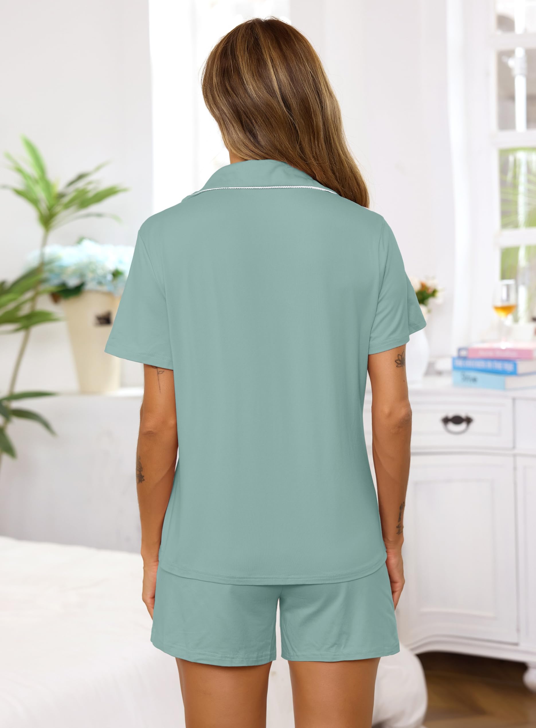 Lovasy Pigiama in Cotone Donna Estivo con Bottoni Davanti Pigiami Set Corta Pizzo Scollo a V e Maniche Corte 2 Pezzi Pigiami da Casa Leggero T-Shirt Pigiama S-XXL