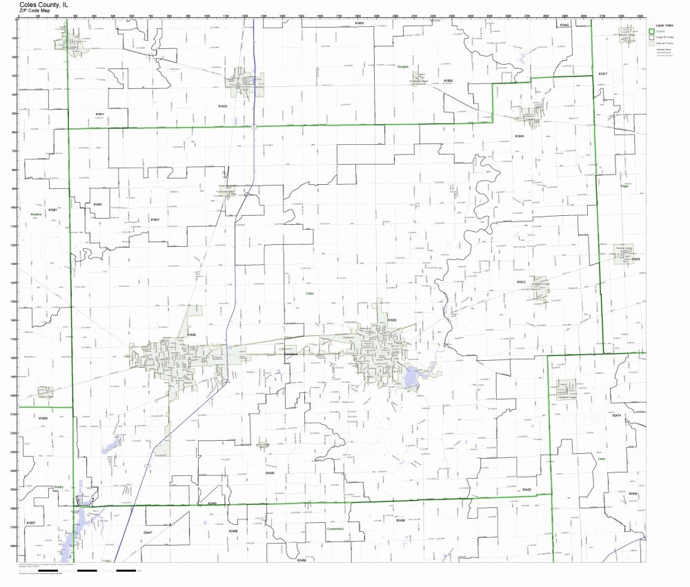 Coles County, Illinois IL ZIP Code Map Not Laminated
