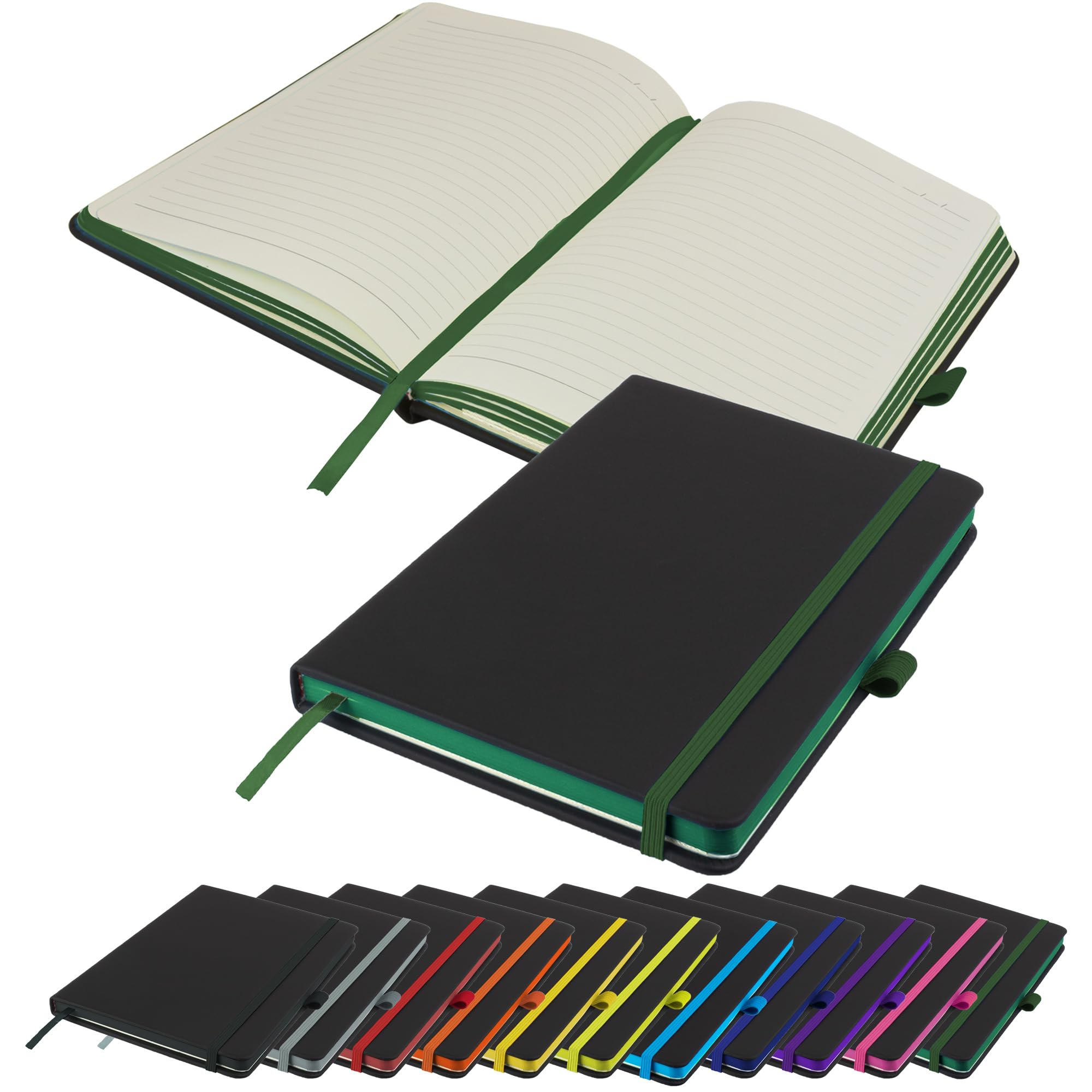 Savvy Bee Executive Contrasting paper edge A5 Notebook New Lined Hardback Journal with pen loop, elastic, ribbon, paper pocket & 196 pages Notepad Note Book Notes Diary Pad (Green)