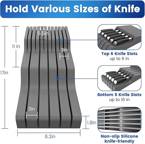 Miniatura 3 de OUTXE Organizador de cajones de silicona para cuchillos con capacidad para 11 cuchillos (no incluidos), organizador de bloque de cuchillos en cajón,