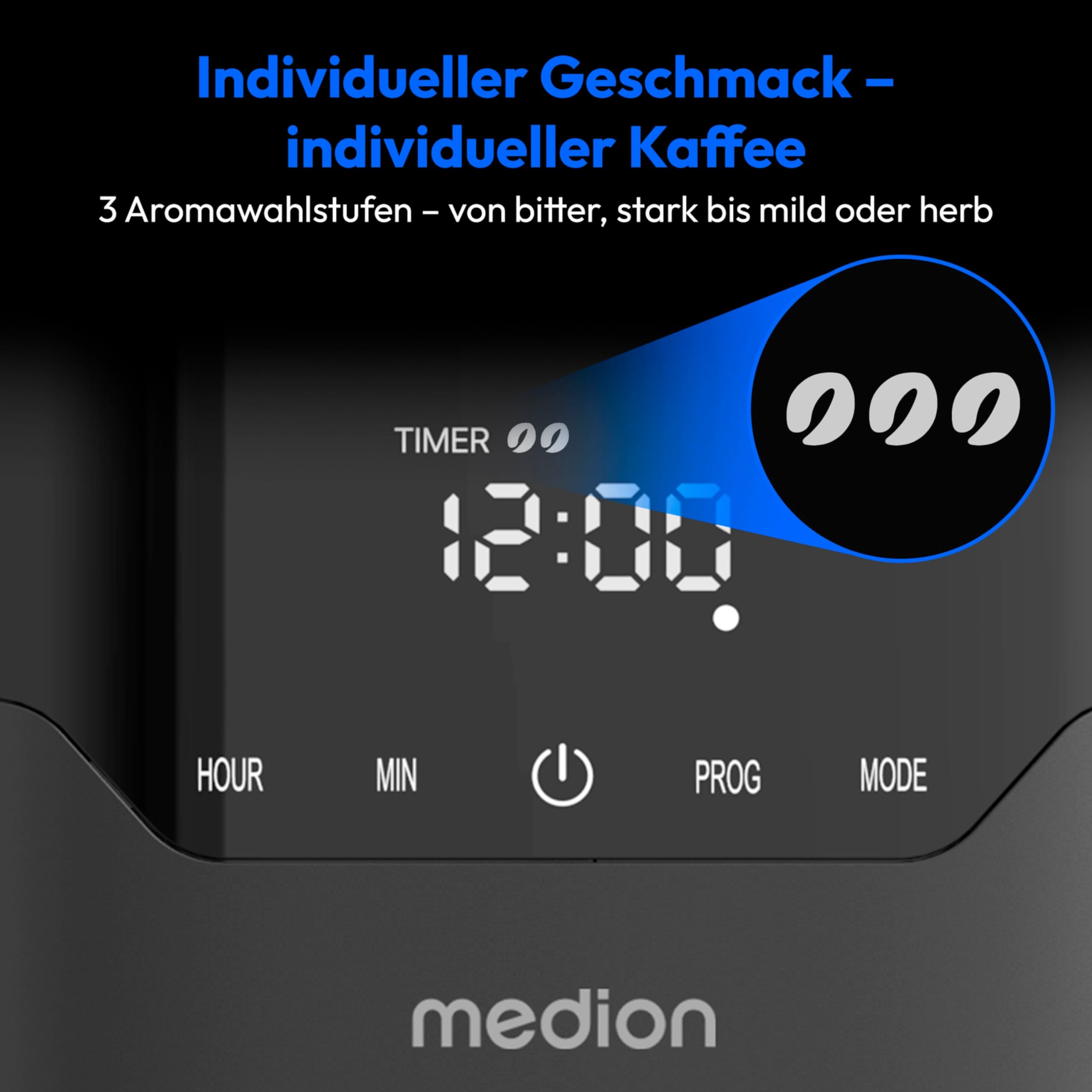MEDION Kaffeemaschine mit Thermoskanne und Timer (Filtermaschine, 8 Tassen, 1,2 Liter, 900 Watt, 3 Stufen, Warmhaltefunktion, Timer Zeitschaltuhr, Antitropf, Display, MD18458) matt schwarz