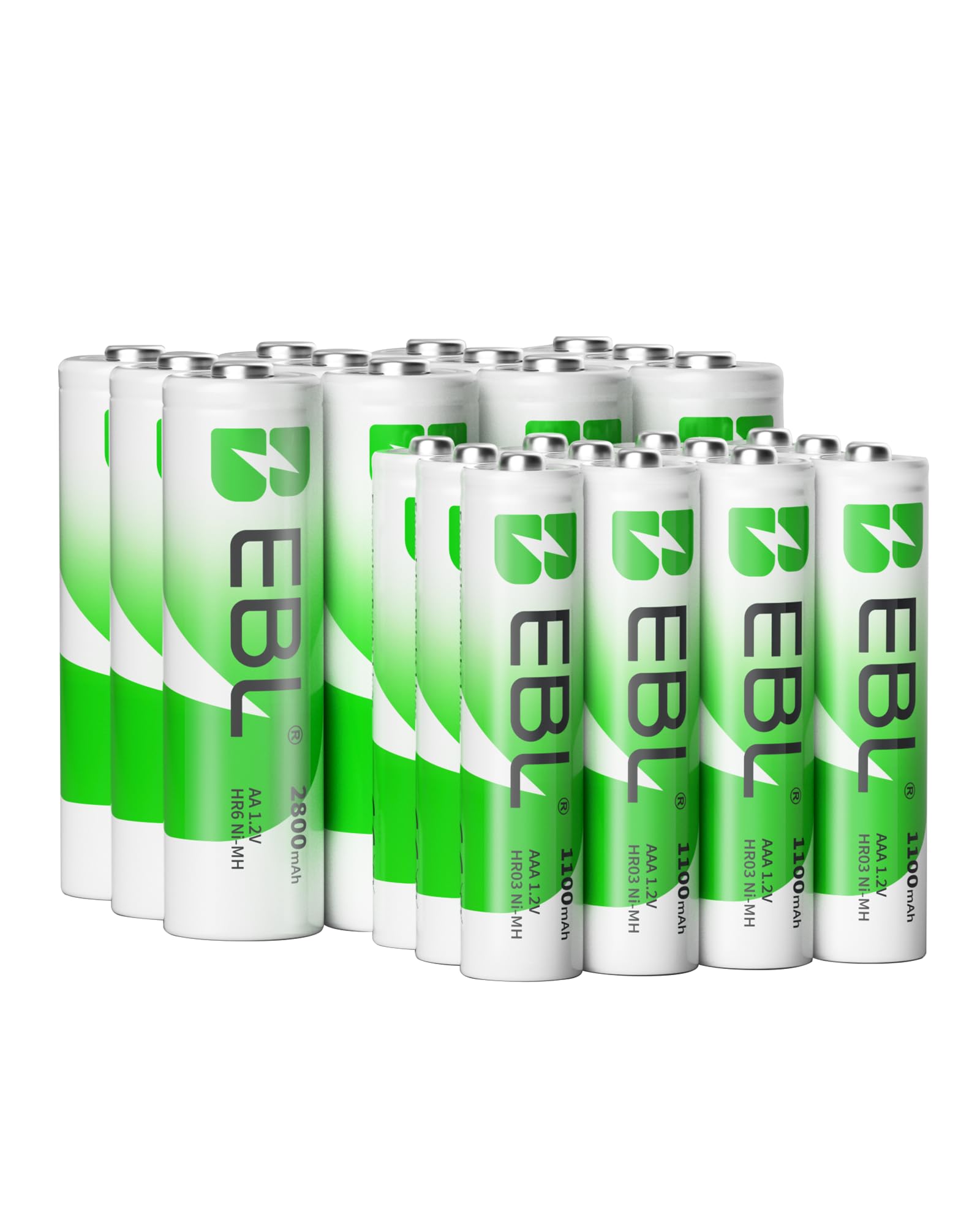EBL AA AAA batterij 24 stuks - AA batterij 2800 mAh 12 stuks met AAA batterij 1100 mAh 12 stuks, 1,2 V Ni-MH oplaadbare batterijen