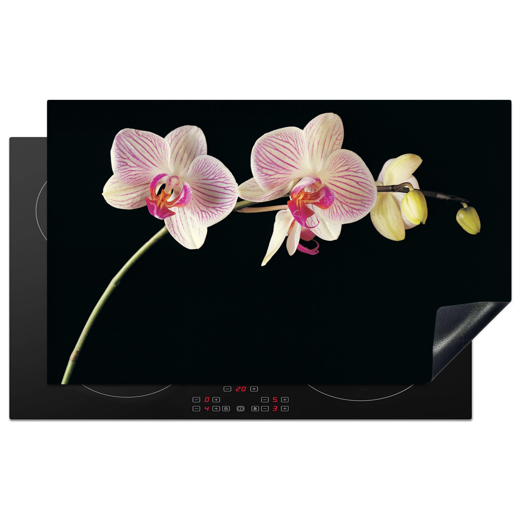 KitchenYeah© Induction Hob Cover Protector Mat 20.3"x32.7" / 83x51.5 cm Kitchen Universal Ceramic Covers for Electric Cookers Vinyl Orchid - Flowers - Black - Pink - Buttons