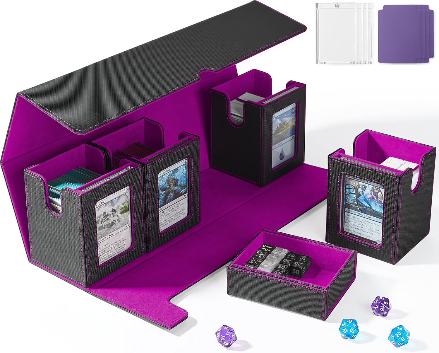 Card Deck Box for MTG with Commander Display, 5 in 1 Card Deck Case Holds 800+ Unsleeved Cards, Strong Magnet Organizer Compatible with Yugioh TCG Sports Cards (Black&Purple)