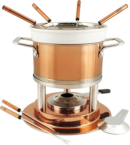 Miniatura 12 de Swissmar Biel - Juego de fondue chapado en cobre de 11 piezas, acabado martillado, ideal para cocinar aceite y caldo, perfecto para entretenimiento,