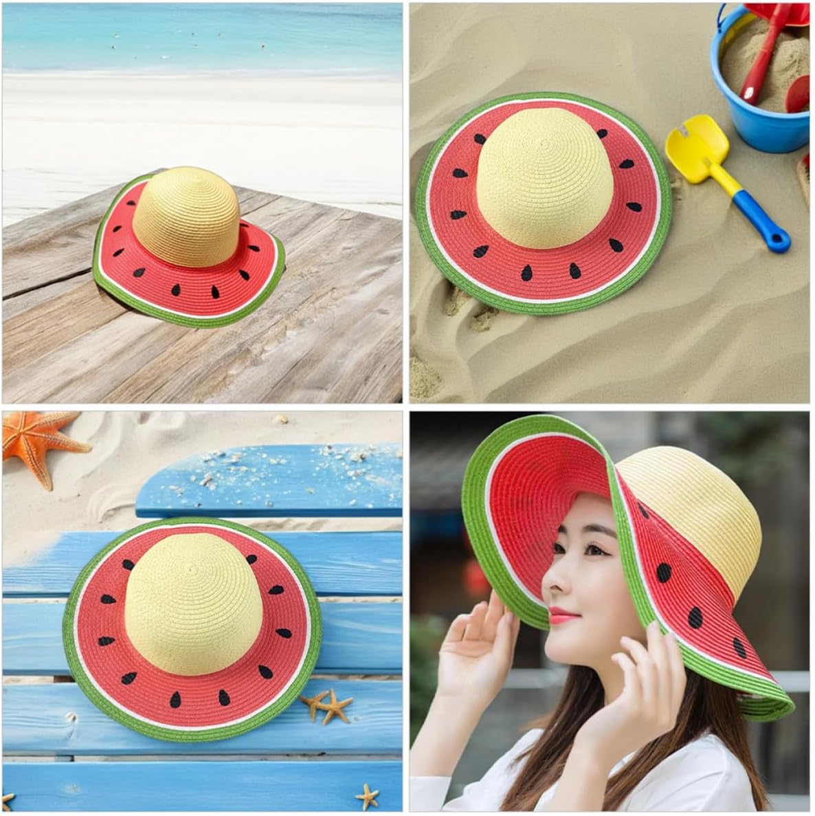 Summer Straw Sun Hat with Wide Brim and UV Protection, Packable Paper Grass Bucket Cap with Whimsical Watermelon Pattern for Travel and Outdoor Activities