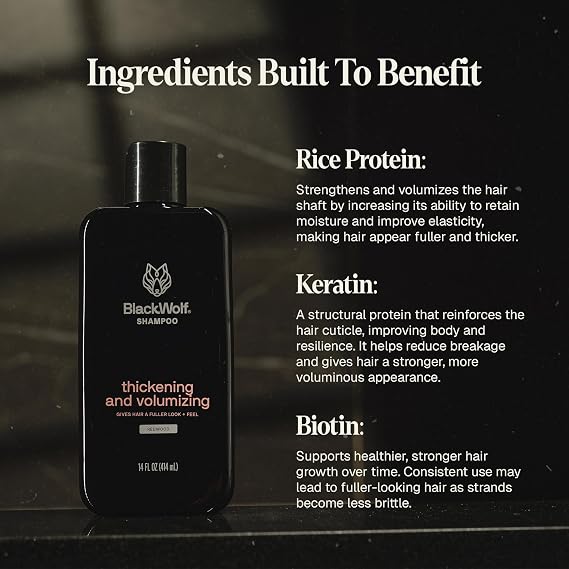 Black Wolf Thickening & Volumizing Hair Shampoo for Men - Strengthening Hair Care Products for Volume & Body with Biotin, Keratin & Hydrolyzed Rice Protein - Curly, Straight, Oily & Dry Haircare