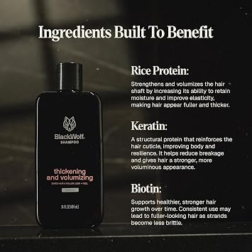 Black Wolf Thickening & Volumizing Hair Shampoo for Men - Strengthening Hair Care Products for Volume & Body with Biotin, Keratin & Hydrolyzed Rice Protein - Curly, Straight, Oily & Dry Haircare