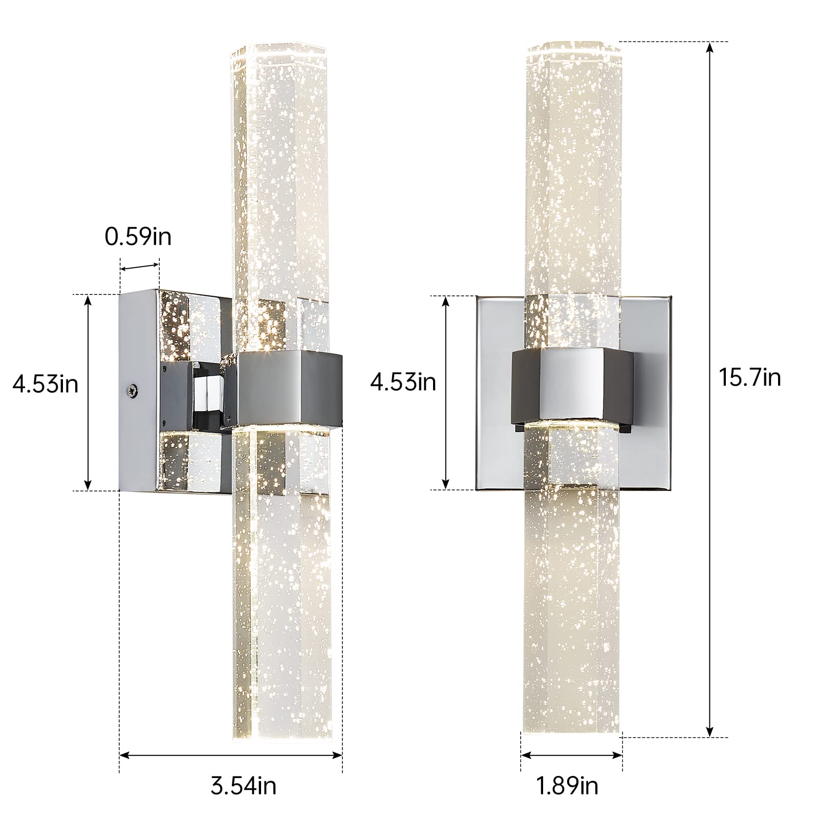 Juego de 2 apliques de pared, apliques de cristal, iluminación de pared LED regulable de 14 W, lámparas de tocador de baño, luces de pared de burbujas cromadas para baño, pasillo, dormitorio, 3