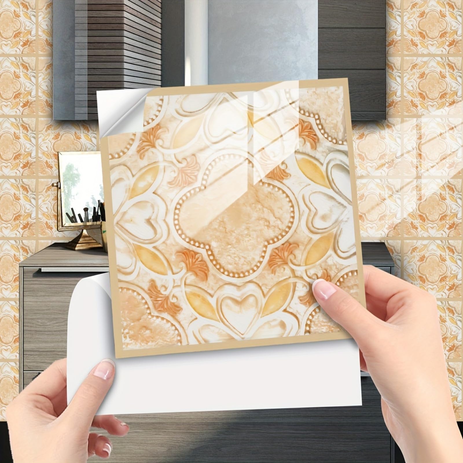 Retro Tile Stickers 10/15/20/30cm, 10Pcs Self-Adhesive Moroccan Wall Tiles, Waterproof Peel & Stick Vinyl for Kitchen Splashback Bathroom Floor Stairs (15x15cm-10pcs,FMB-681)