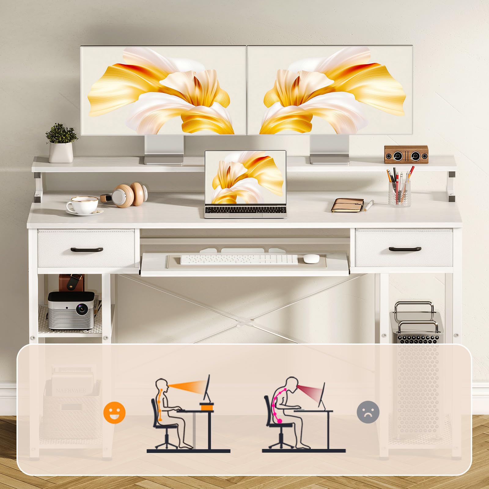 ODK Scrivania con 2 Cassetti, 120x48cm Scrivanie con Ripianiper, Scrivania Salvaspazio con Supporto per Monitor Tavolo Computer Reversibile per Ufficio in Casa, Bianca