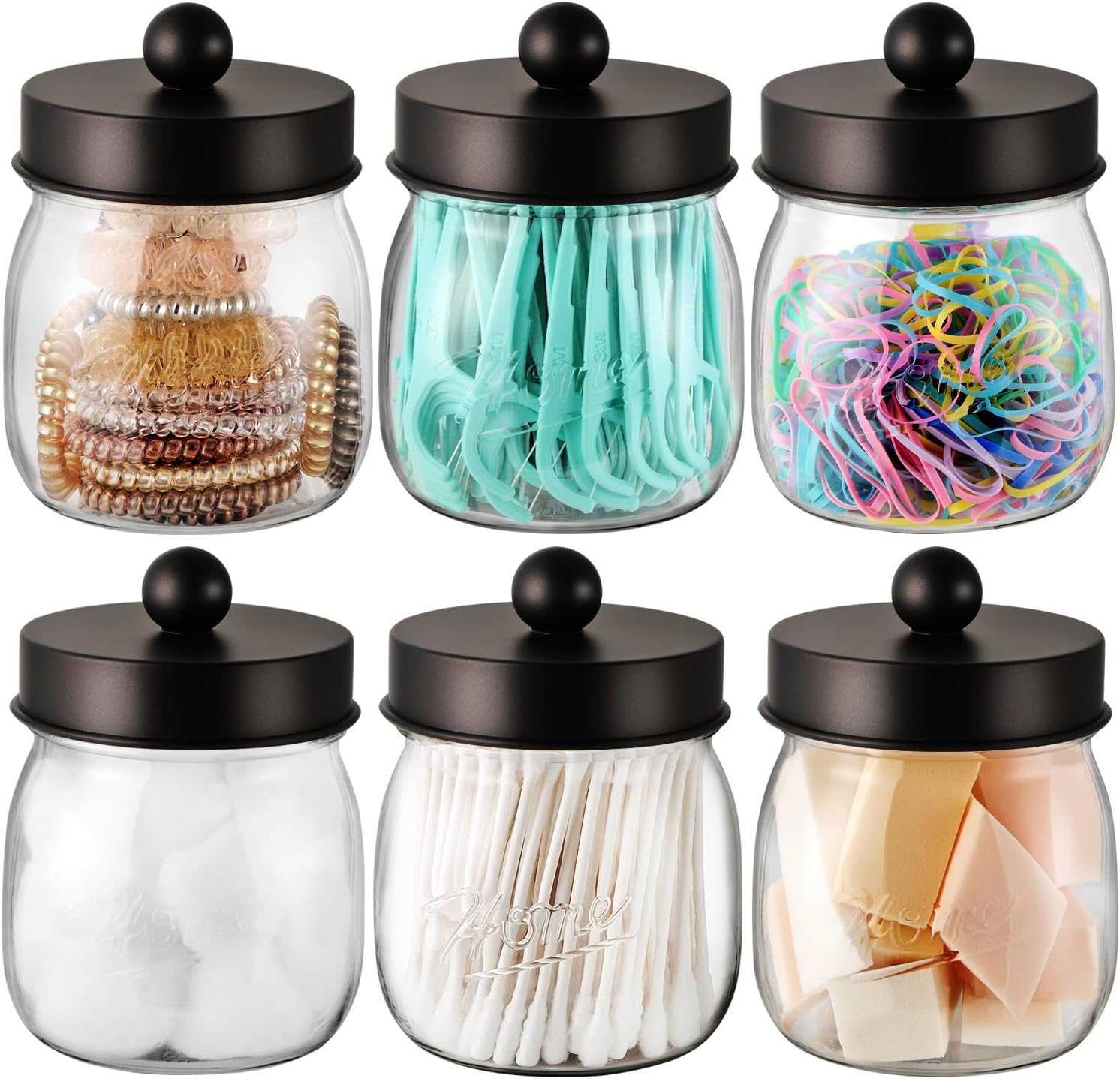6 Pack Qtip Holder Bathroom Set, SheeChung Plastic Mason Jar Apothecary Jar Set for Bathroom Vanity Storage Organizer, Farmhouse/Home Decor, 12 Labels(Bronze)