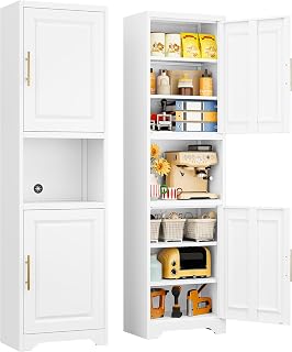 SISESOL 67" Tall Narrow Bathroom Storage Cabinet, 2 Door and 7 Shelves Slim Kitchen Pantry Cabinet, White Metal Bathroom Cabinets,Large Cupboard for Home,Kitchen,Laundry,Bathroom