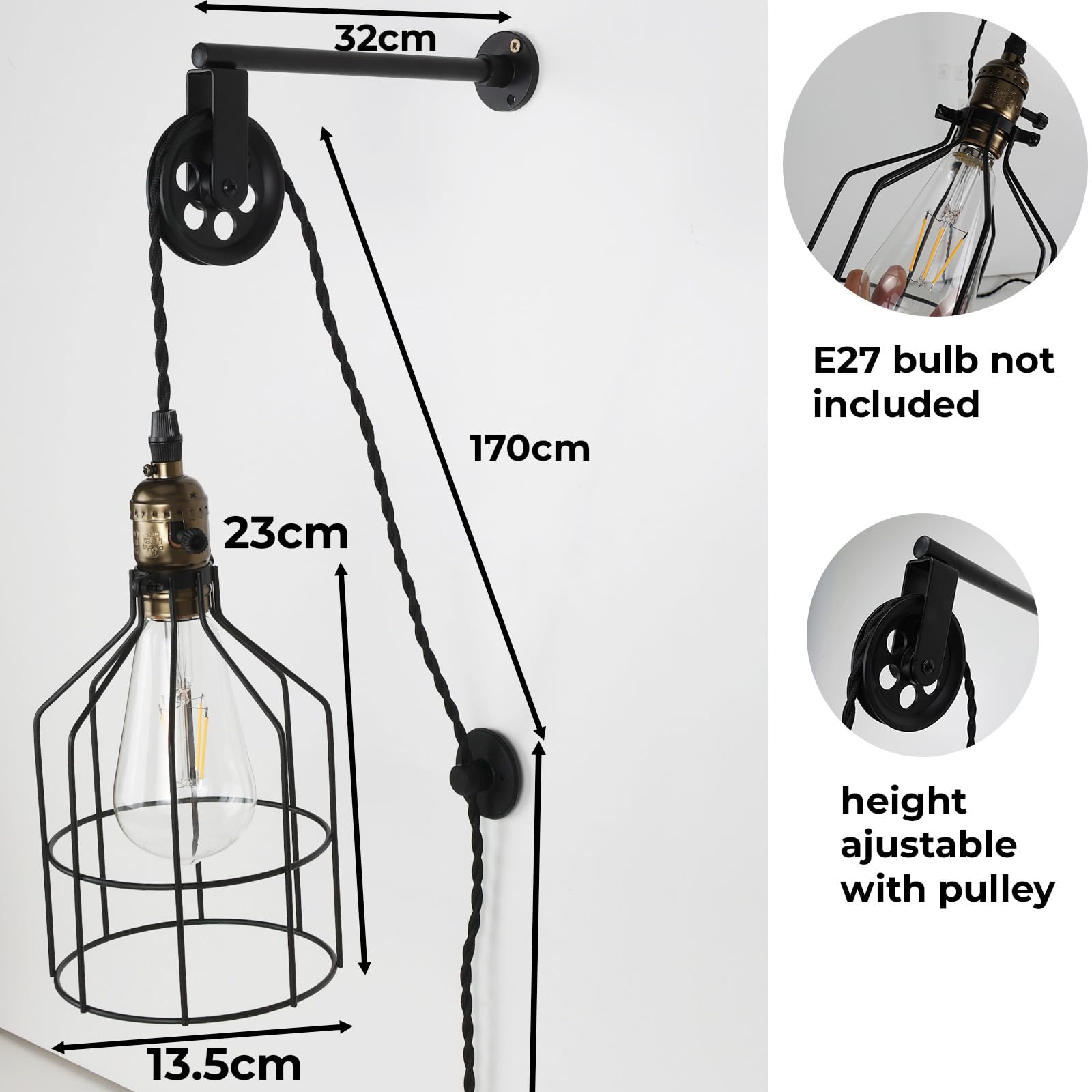 Alpinaluz FRUSTA Vintage wandlamp, retro-lamp met ijzeren kooi en verstelbare riemschijf, E27-fitting, kabel met stekker en schakelaar, klassiek design voor slaapkamer, woonkamer of commercieel