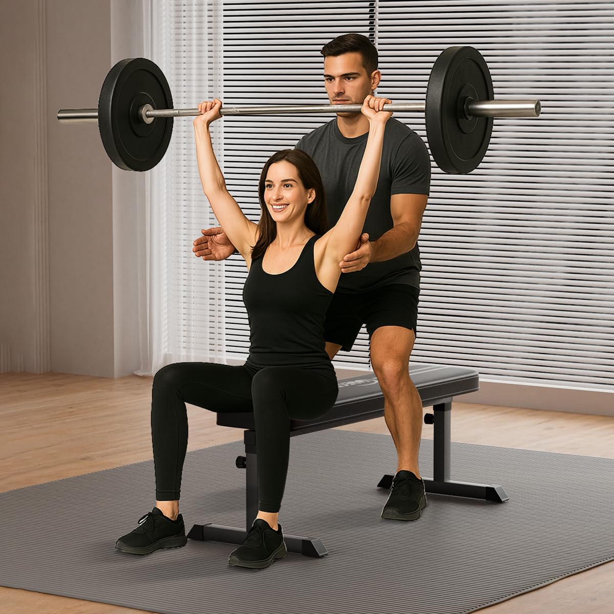 Black Flat weight Bench, Bench workout, Easy Assembly for Training Bench Press with adjustable height, 600LBS gym bench for Full Body Workout and home workout, 4 Adjustable Heights Heavyy Bench