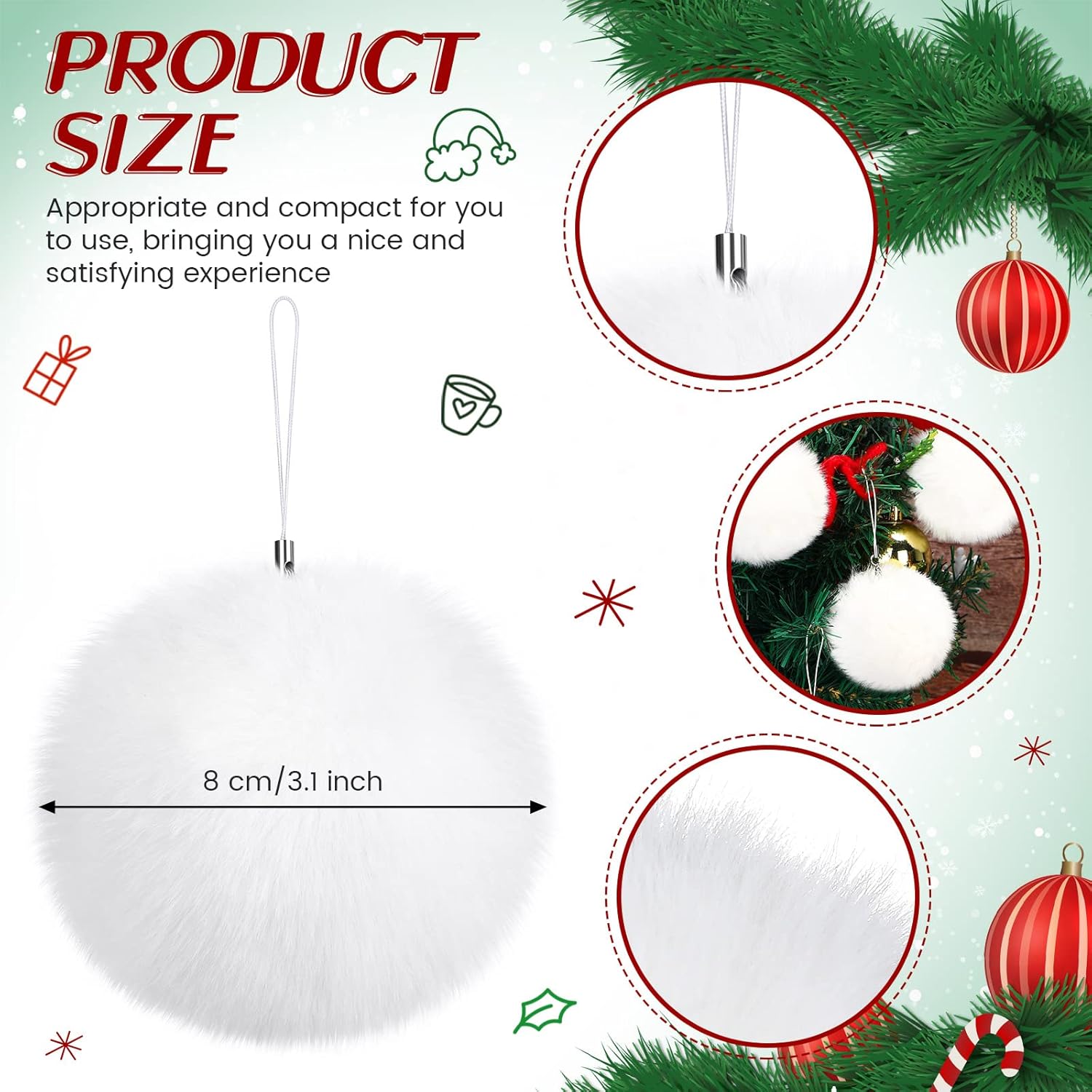 Jexine 24 Pcs Snowball Ornaments for Christmas Tree Fluffy Pom Pom Faux Bunny Fur Ball Christmas Ornaments with Lobster Clasp Cords for Tree Decorating Handbag Keychains(White)