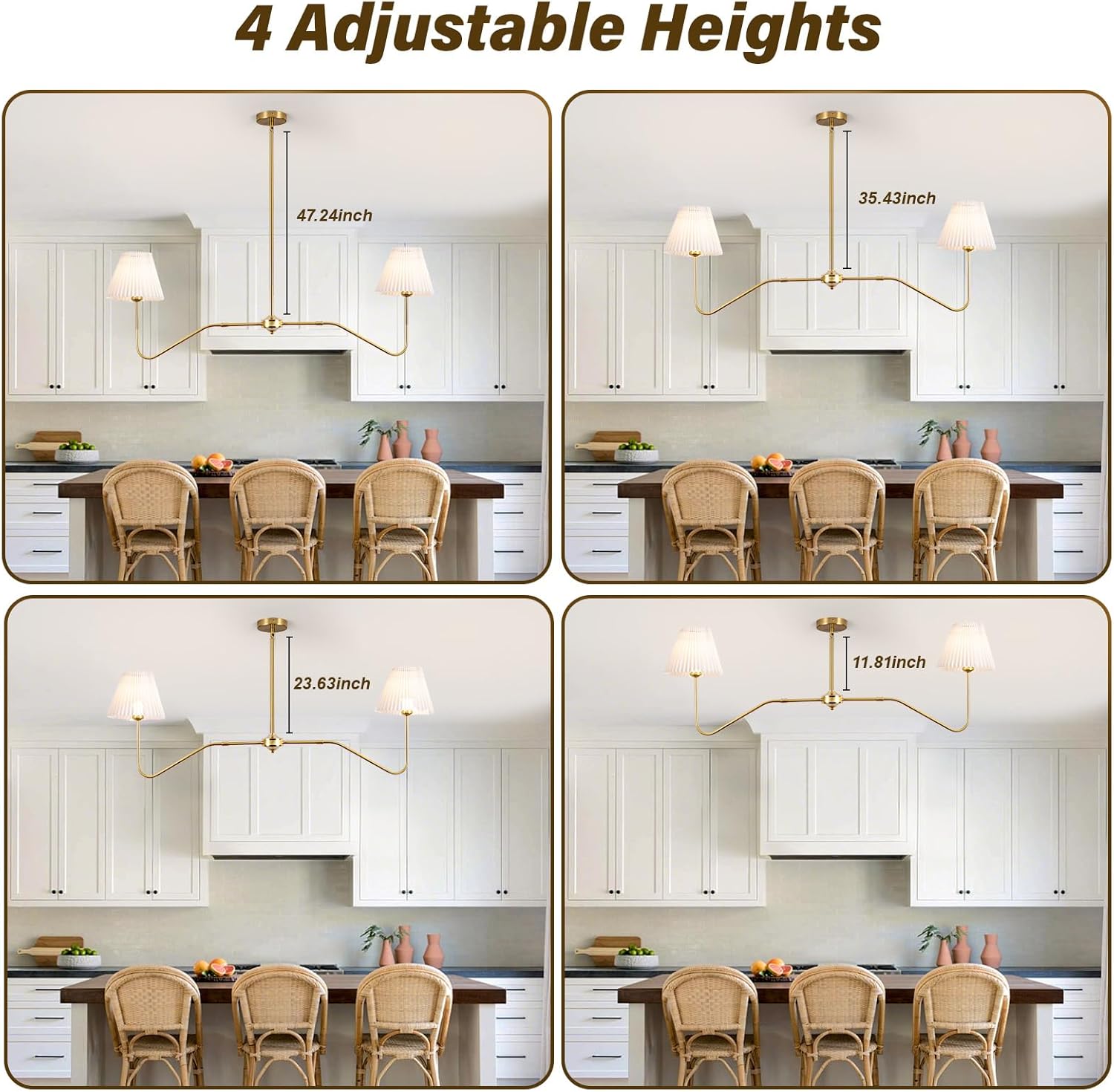 2-Lights Linear Kitchen Island Lighting Fixture, Modern Chandelier for Dining Room Light Fixtures Over Table,Gold Pendant Lighting with White Pleated Shade for Dining Table (Gold)