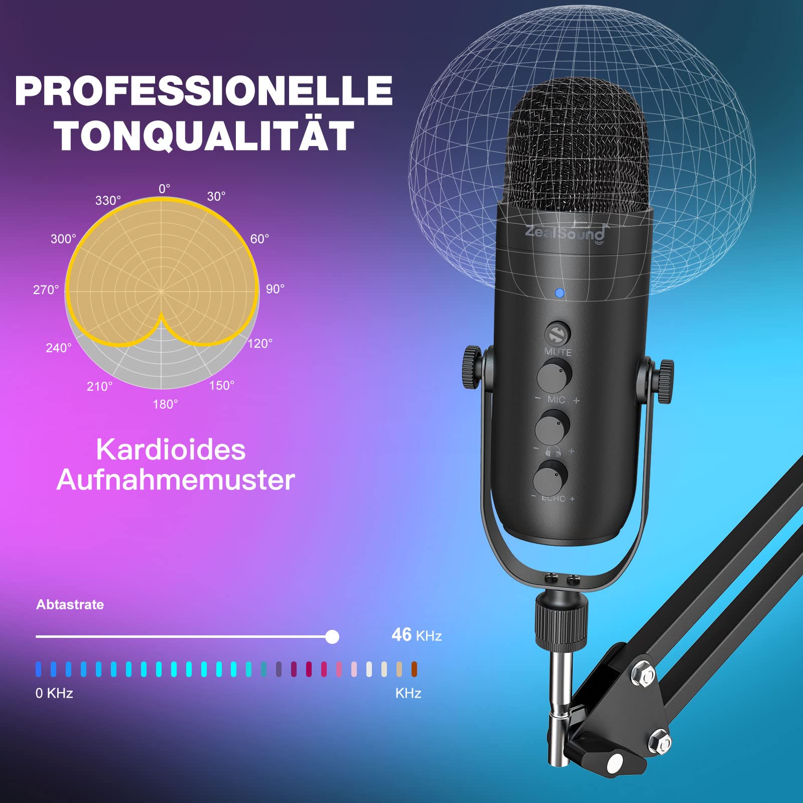 zealsound USB Podcast Mikrofon für PC Handy— mit Rauschunterdrückung, Mute-Taste, Echo für Vocal & Singen Stream, und 2 Adapters & Boom arm, für Gaming, YouTube, Kompatibel mit iPhone, Mac & PS5