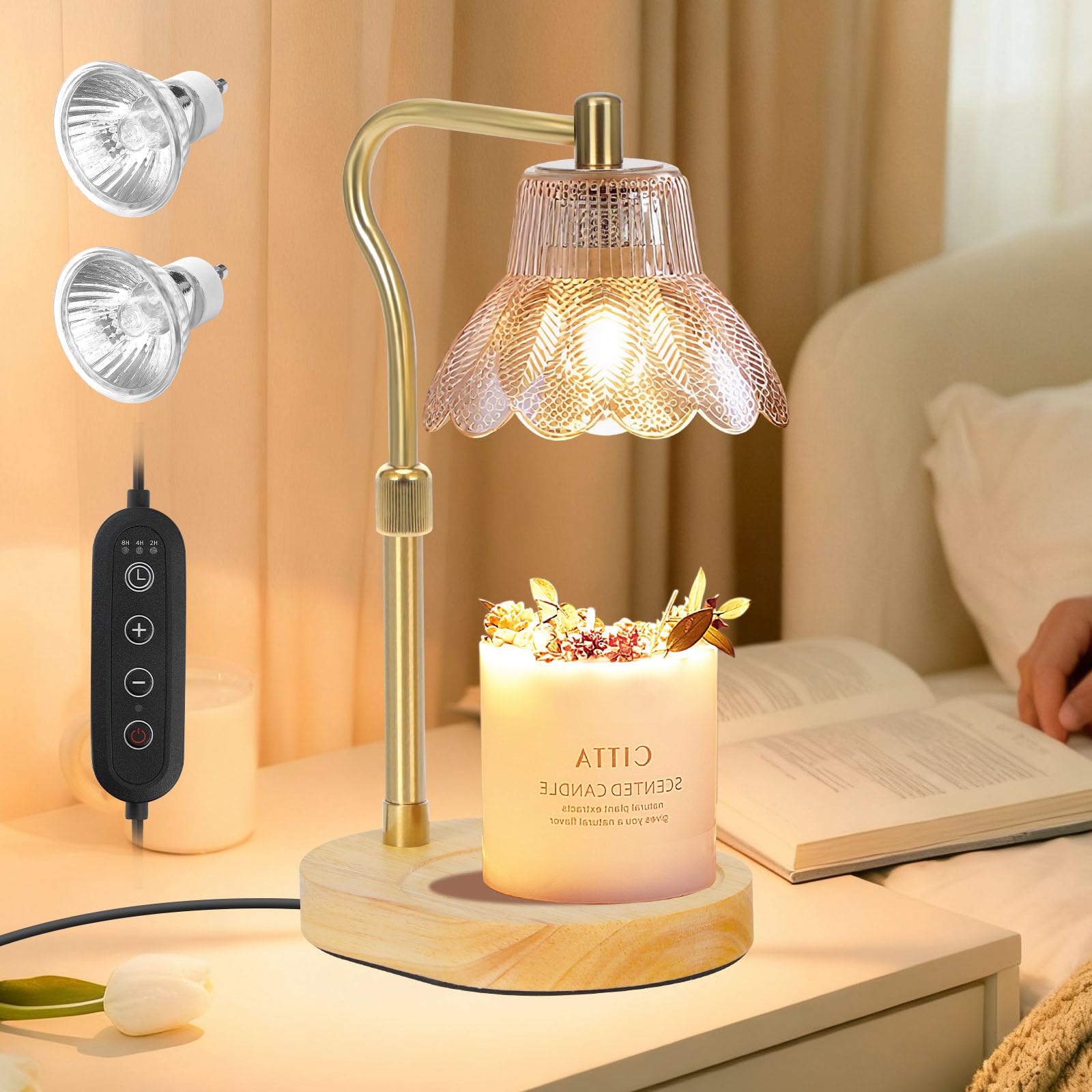 Vela Calentador Lámpara con Temporizador/Atenuador, Lámpara De Vela De Flores Calentador con 2 Bombillas, Regalo De Cumpleaños para Las Mujeres, Calentador De Fusión De Vela Ajustable En Altur