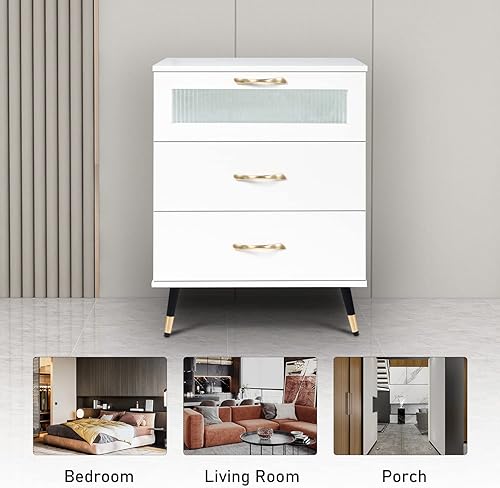 Miniatura 7 de Mesita de noche blanca con 3 cajones, mesa de noche de madera de 21 pulgadas, mesita de noche grande con puerta de cristal, patas y asas doradas,