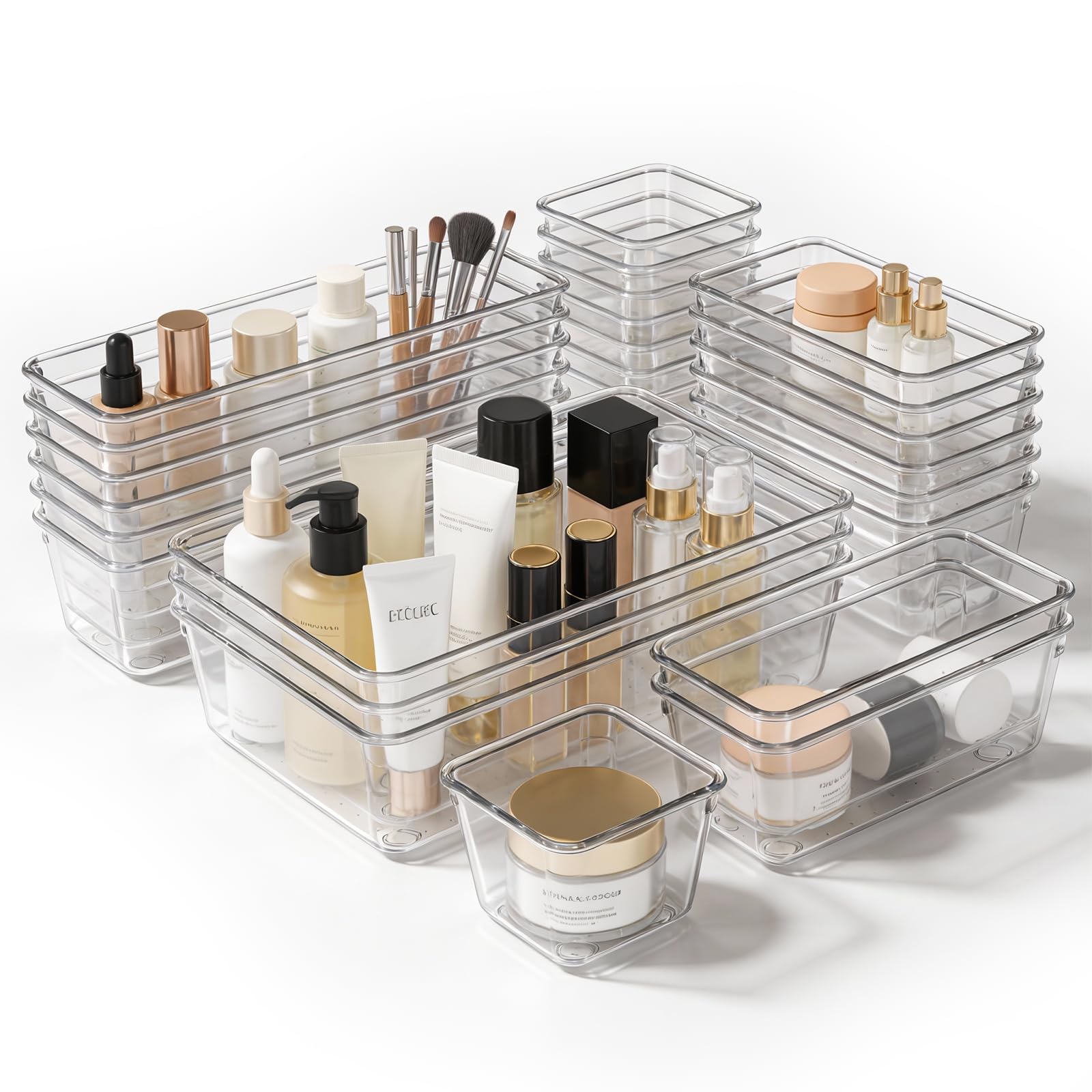TranRantic 25 Pcs Clear Drawer Organiser, 4-Size Versatile Draw Organisers for Makeup&Stationery&Utensil, Stackable Dresser Storage Bins, Plastic Drawer Dividers for Kitchen, Desk, Vanity, Office
