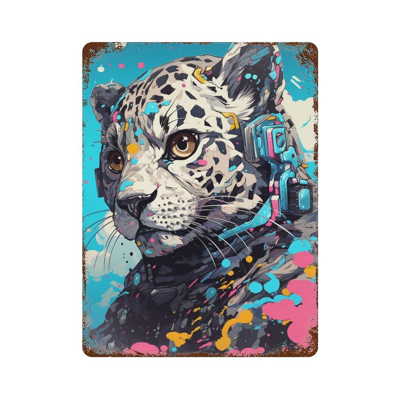 Garage Style Cyber Leopard Headphones Aged Metal Wall Plaque 15.7"x11.8", Old School Wall Decor for Bar And Workshop