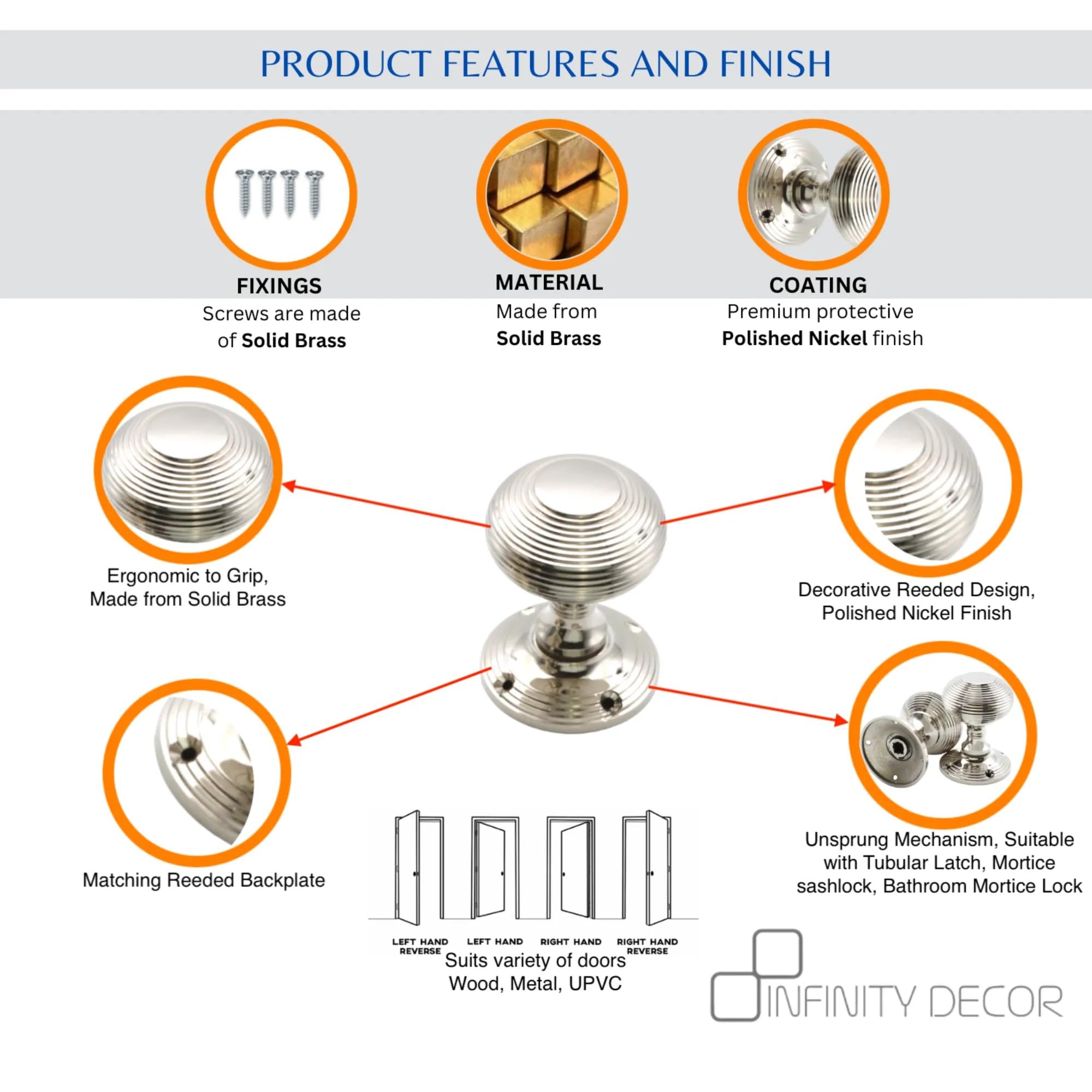 Infinity Decor Polished Nickel Victorian Beehive Mortice Door Knobs Pair 55mm - Image 3