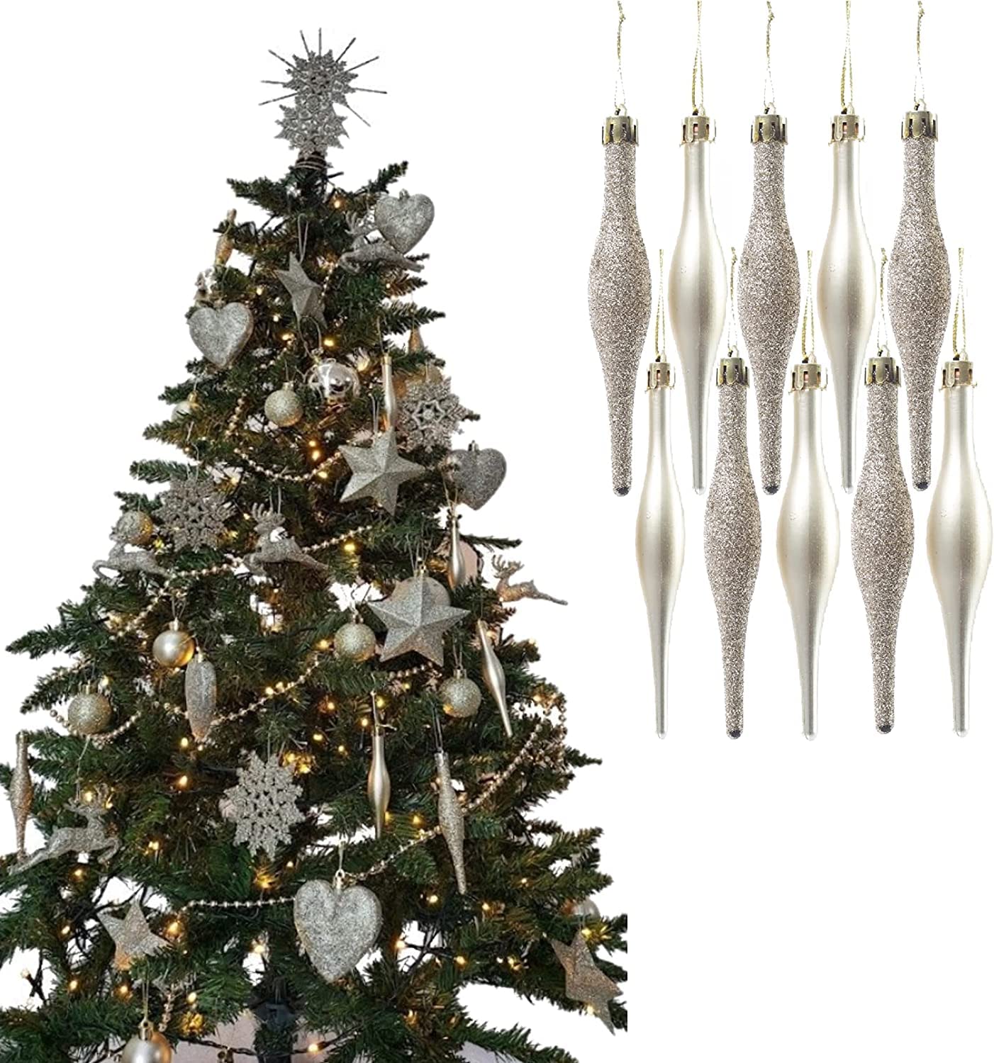 Ukdeals Direct Pack Of 10 Droplets 120Mm Ukdeals Direct® Champagne Gold Collection Christmas Droplet Baubles Tree Decorations Glitter Matt Icicles (Pack Of 10 Droplets 120Mm)