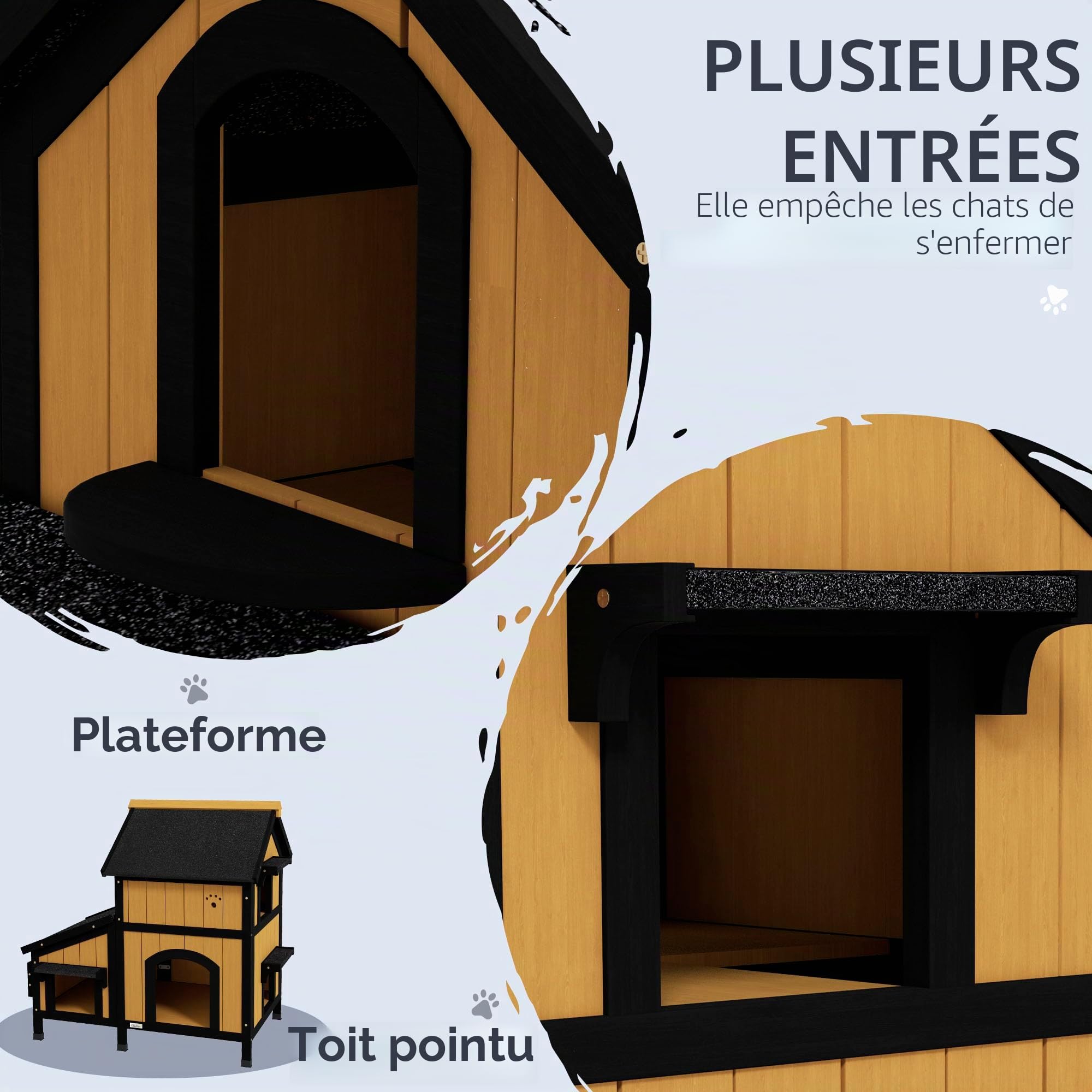 PawHut Maison chat extérieure en bois pot fleurs fenêtres - Jaune