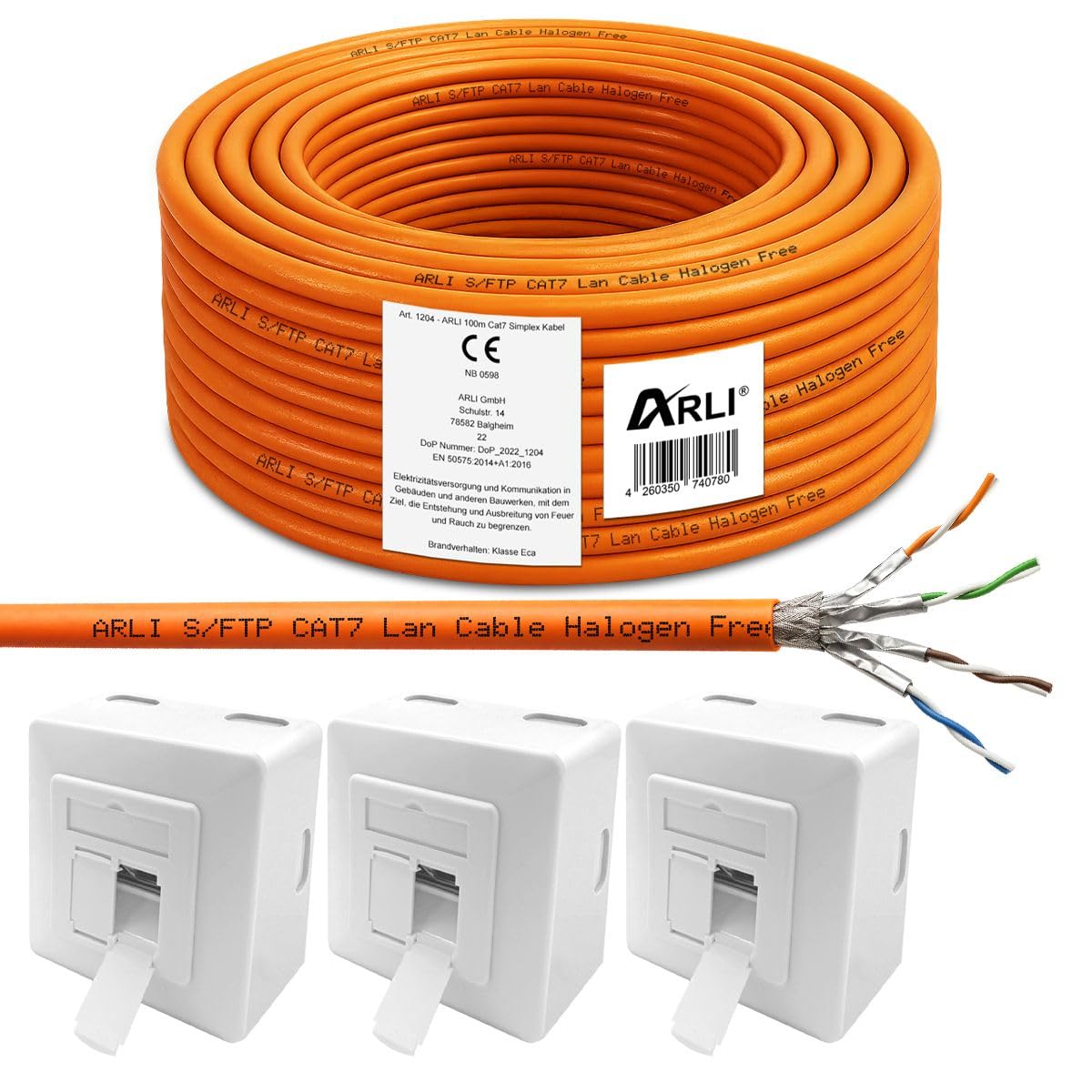 ARLI CAT 7 100m Verlegekabel Netzwerkkabel CAT.7 + 3x Cat6a Netzwerkdose LAN Halogenfrei Installationskabel S/FTP CAT7 PIMF Kabel