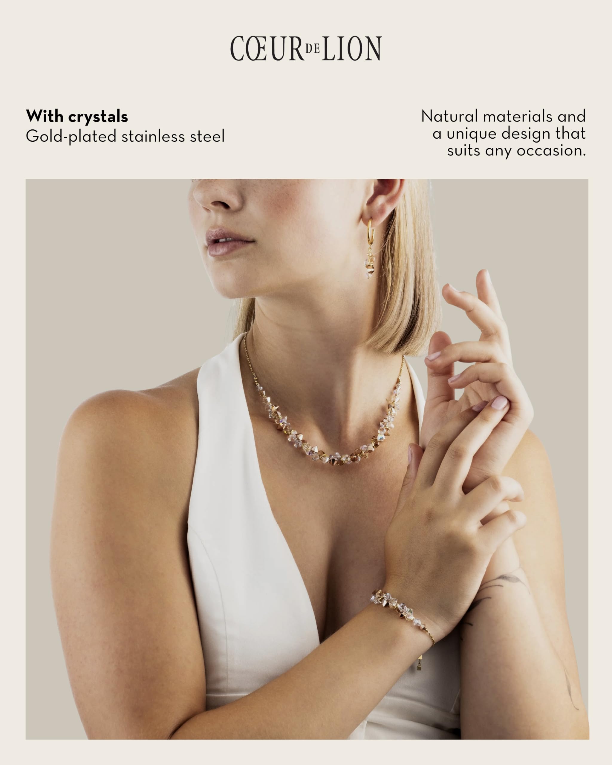 COEUR DE LION Collar de cristales danzantes dorados y beige, cristales europeos en beige y transparente, acero inoxidable dorado I de 11.8-27.6 pulgadas, ajustable, funda de diseño incluida