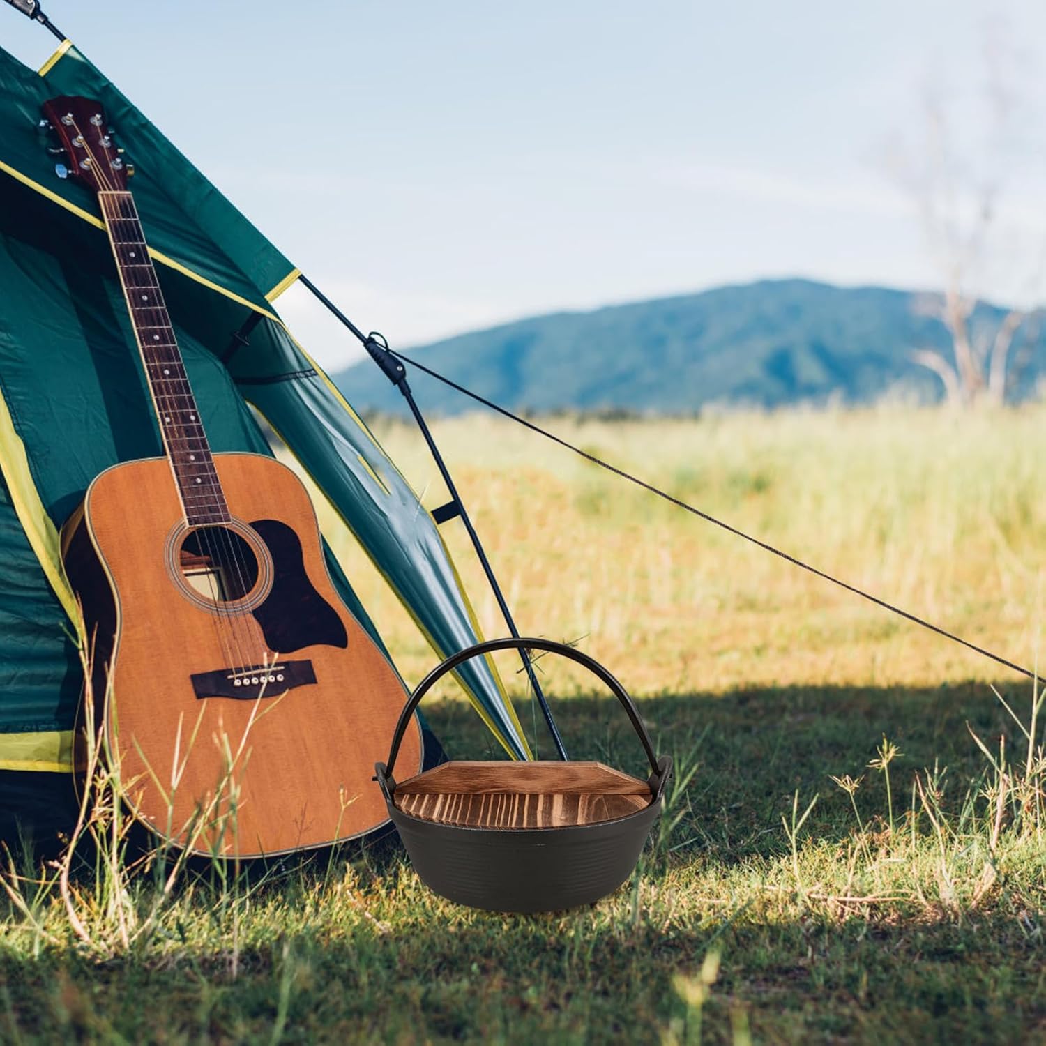 HANABASS 1set Cast Iron Cooking Pot Japanese Style Hanging Campfire Cookware for Outdoor Cooking Design for Camping Stew and BBQ