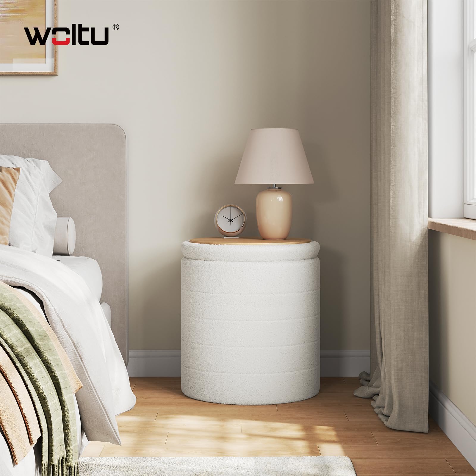 WOLTU Pouf Contenitore con Coperchio Reversibile e Removibile, Sgabello Pieghevole Rotondo, Ø40,5xA43 cm, in Tessuto Teddy e MDF, per Soggiorno, Camera da Letto e Ingresso, Bianco