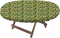 Vista 2 de Mantel ajustable de girasol, patrón de campo rural inspirado en el arte popular, casa de campo, granja, mantel impermeable para interiores y Verde