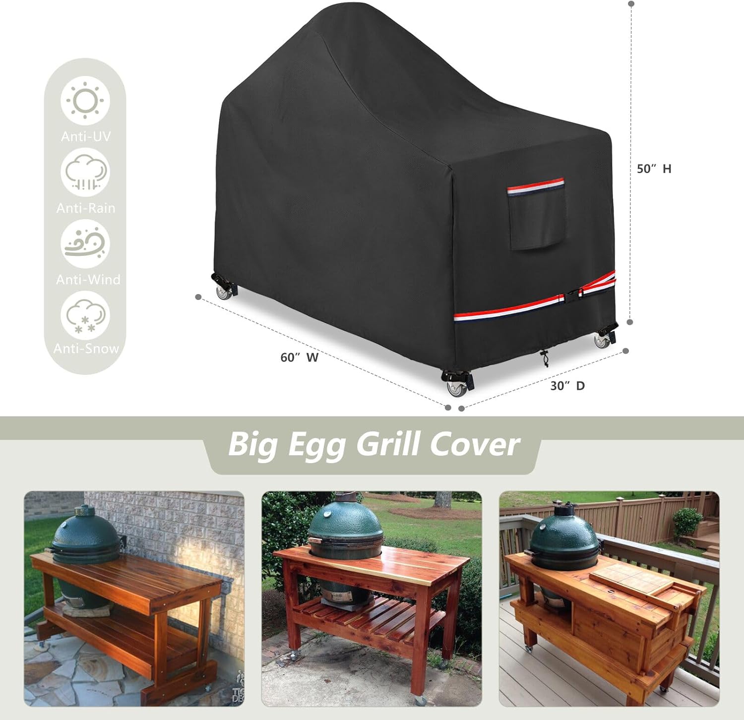 Grill Cover for 60 Inch Big Green Egg Grill Table, Waterproof Heavy Duty Outdoor Grill Cover, Kamado Ceramic BBQ Grill Cover, XL Green Egg Cover, Grill Cart Cover
