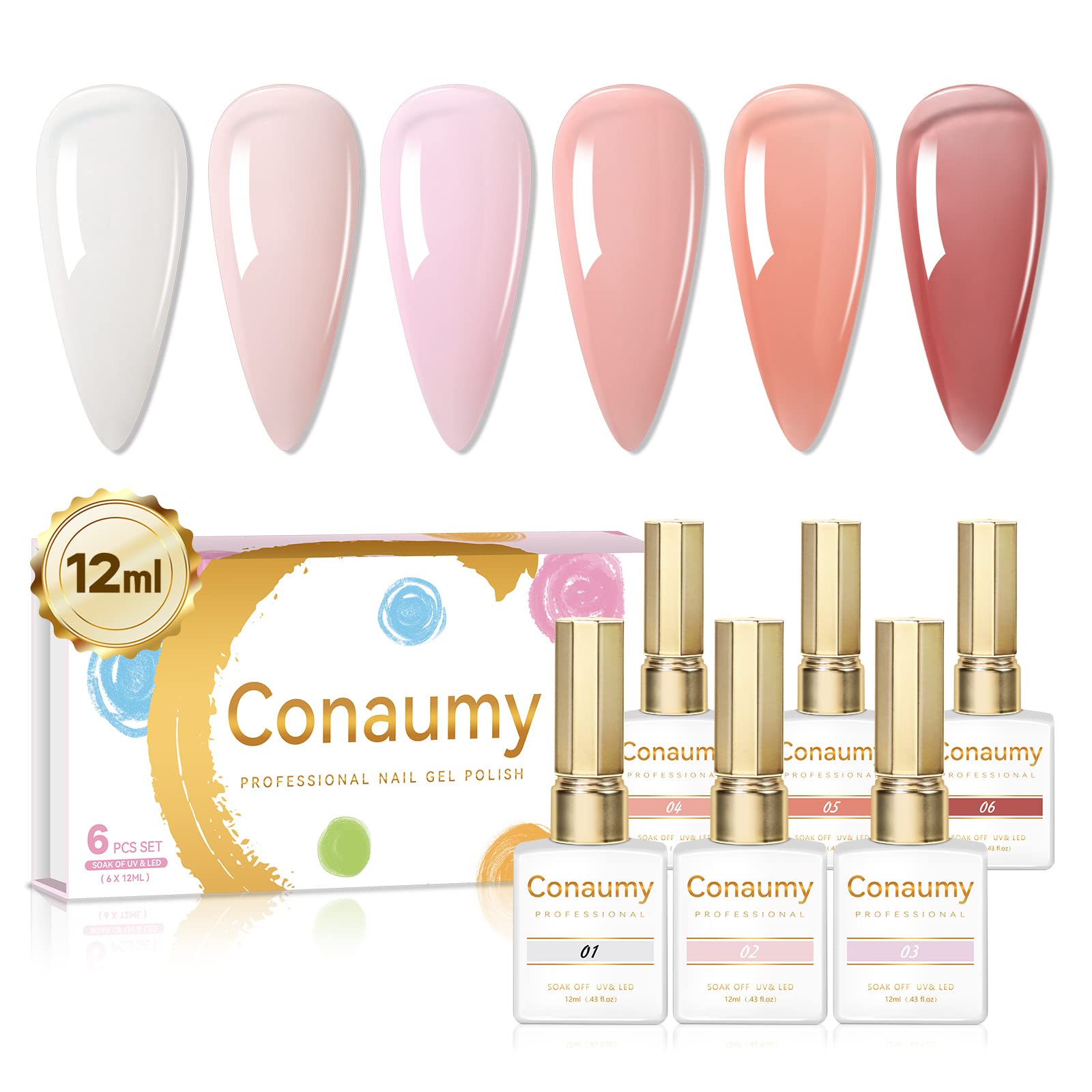 Jelly Gel Nail Polish Set, 6 Colors Nude Gel Polish Kit, Natural Sheer Milky White Translucent Pink Transparent Soak Off UV Nail Polish