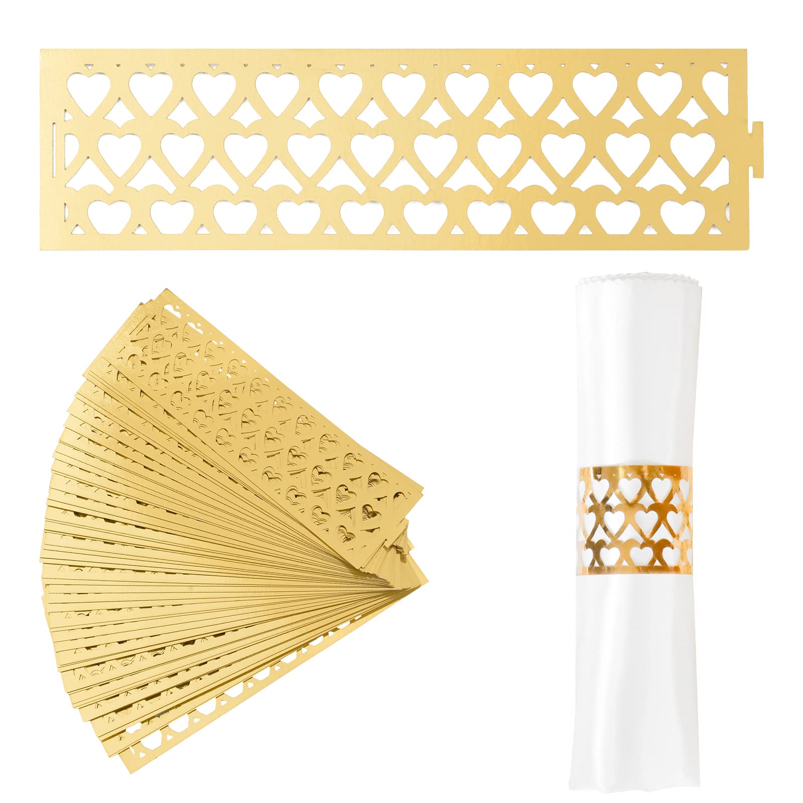 URROMA Anneaux de Serviette, 50 Pcs Anneaux de Porte-Serviettes d'amour Doré Creux Design pour Mariage Fête Anniversaire Dîner Décoration de Table