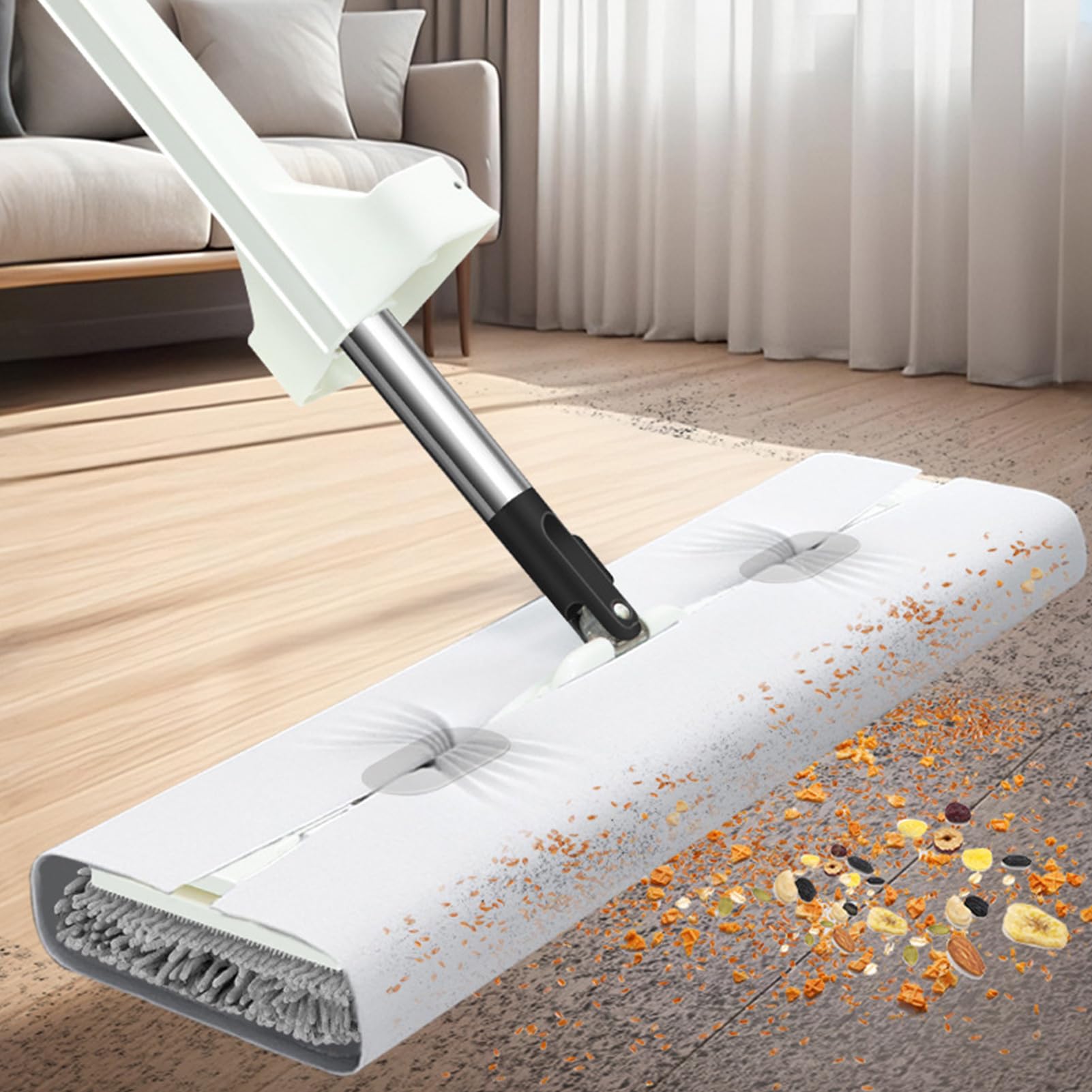 Mopa Plana Mango Largo Giratorio 360° para Seco y Húmedo | Limpiador De Suelos Con Raspador Mopa Atrapapolvo de Microfibra con Mango Largo para Cocina, Baño, Hogar, Suelos y