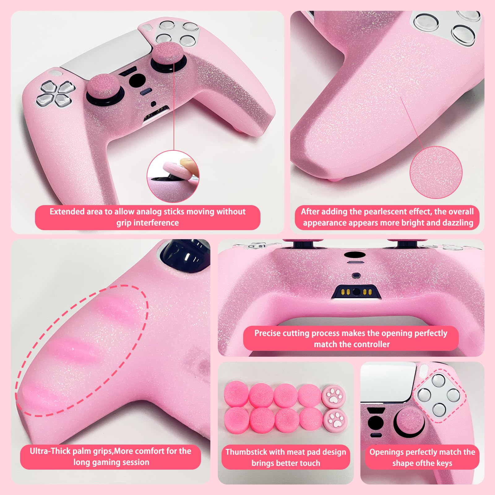 Cover protettiva in silicone antiscivolo rosa glitterata compatibile con controller PS5/Slim/Pro, 8 tappi per pollice glitterati e 2 tappi per impugnature.