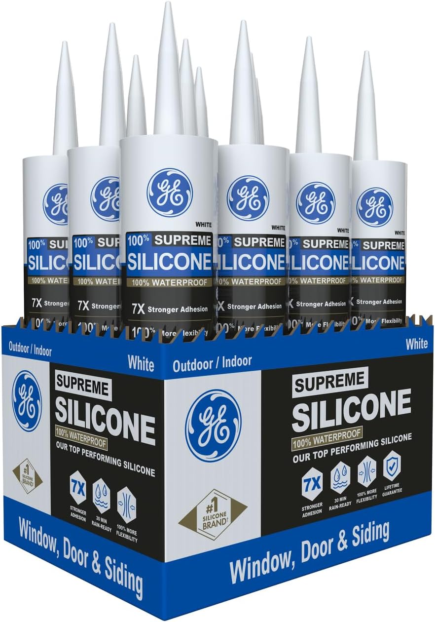 GE Supreme Silicone Caulk for Window & Door, White, 10 fl oz Cartridge, 12 Pack - 100% Waterproof Silicone Sealant, 7X Stronger Adhesion, Shrink & Crack Proof