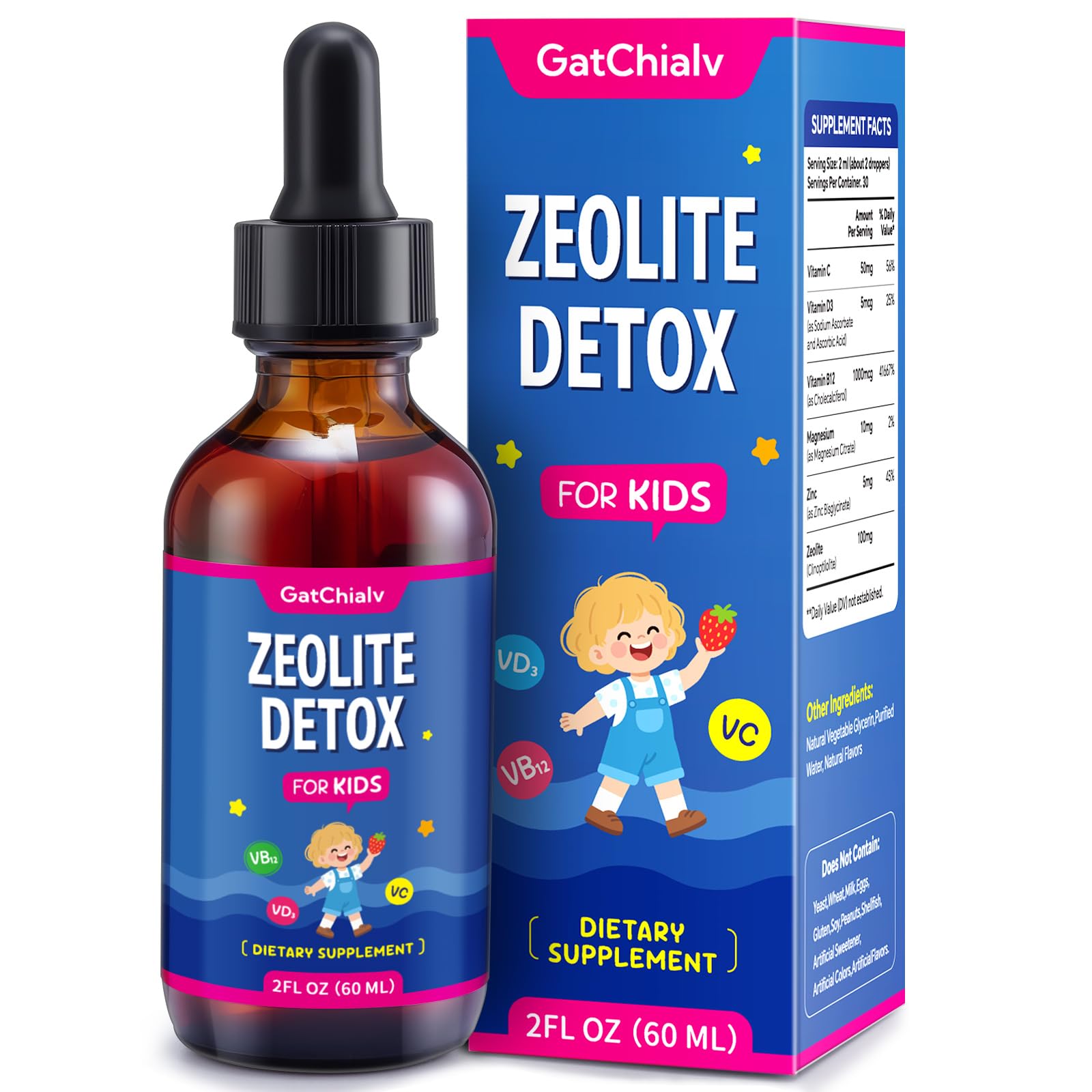 Zeolite Detox for Kids Liquid Drops - Contains Clinoptilolite Zeolite, Vitamin C、D3、B12, Magnesium, and Zinc