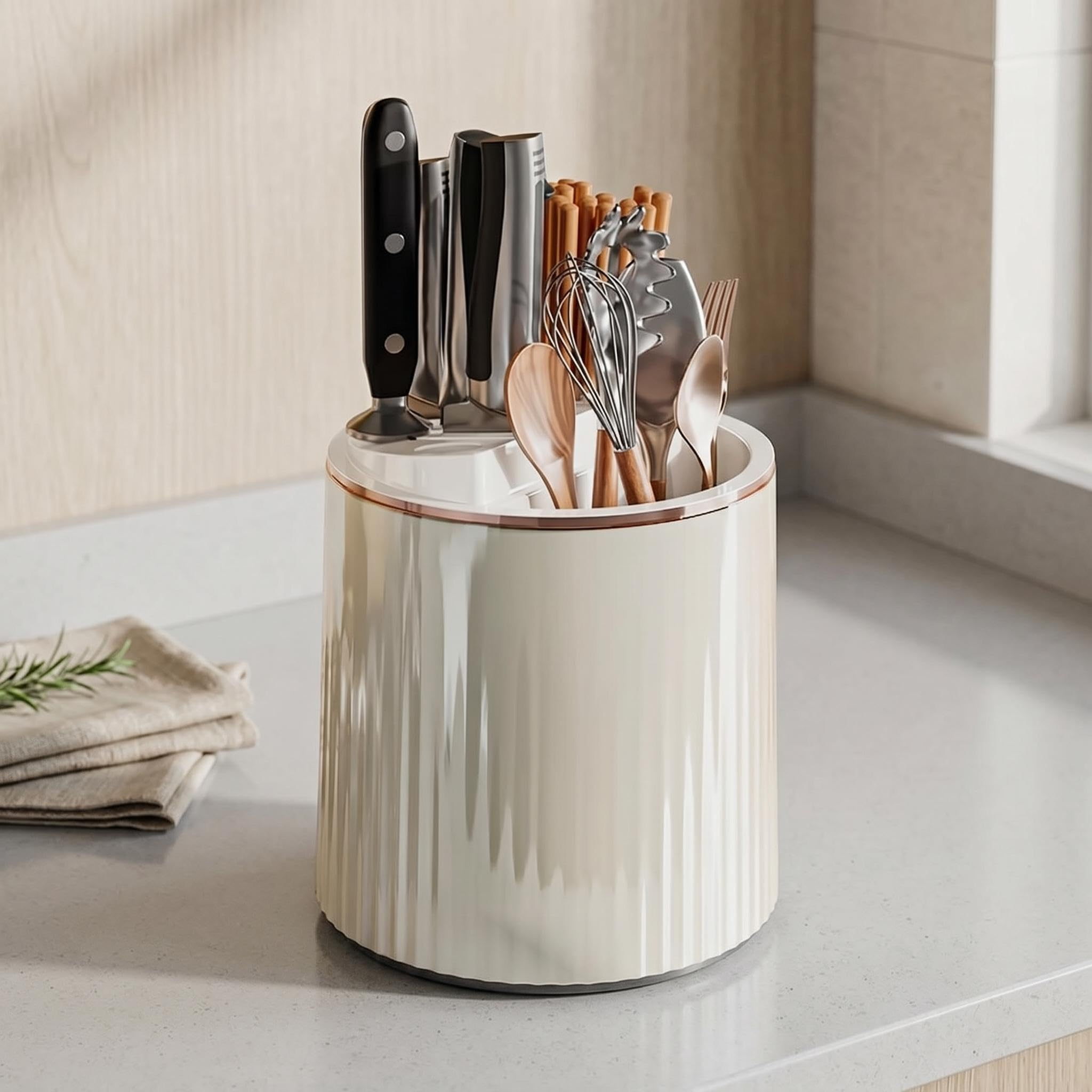 Aptliton 360 Rotating Knife & Utensil Holder with Drain Tray, Detachable Kitchen Organizer for Knives Chopsticks Spoons, 18.5x20.5cm