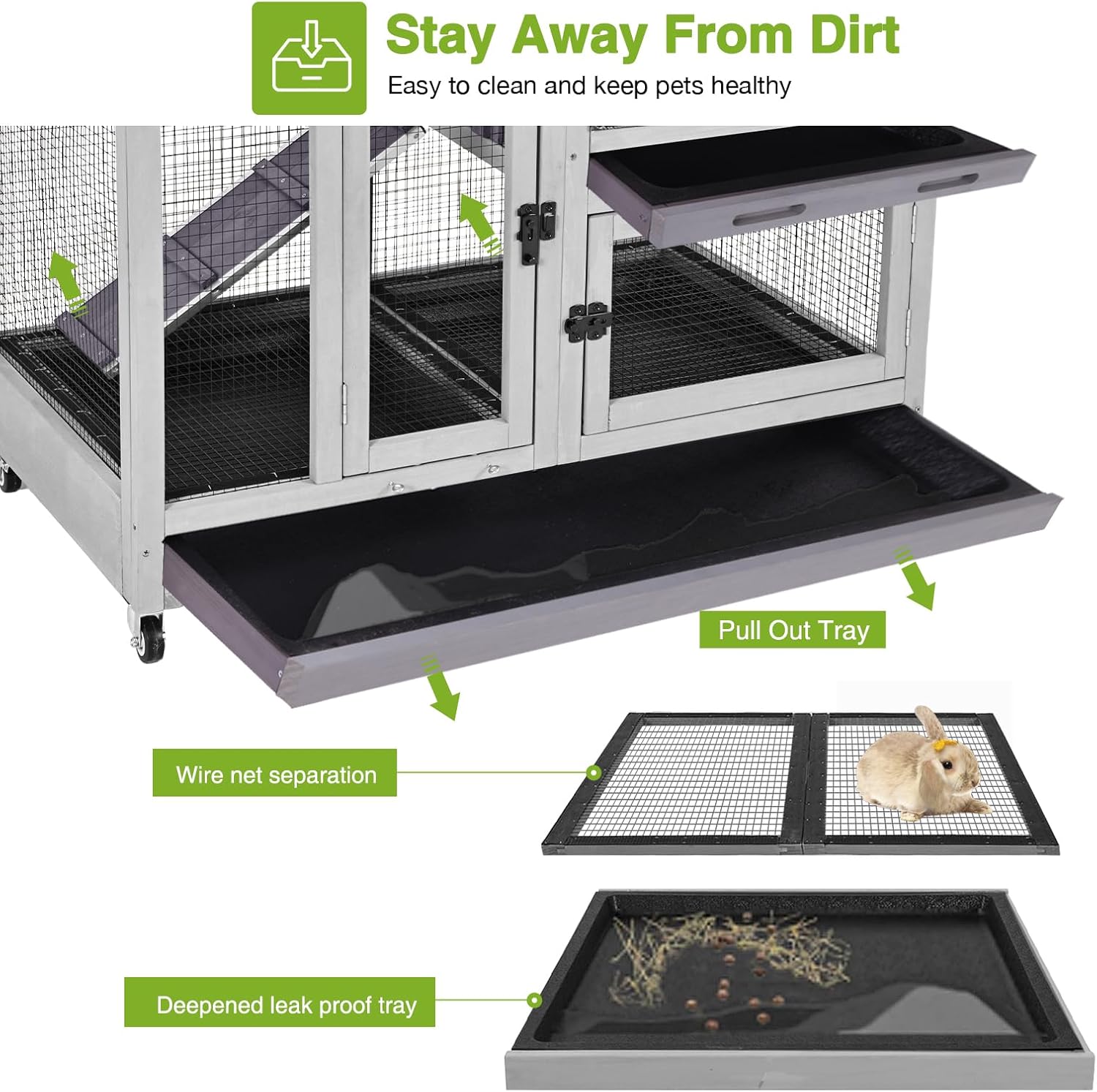 GUTINNEEN Rabbit Hutch Indoor Guinea Pig Cage Outdoor Two Story Bunny House with Wire Mesh Floor, Leakproof Tray and Wheels 40.6" L