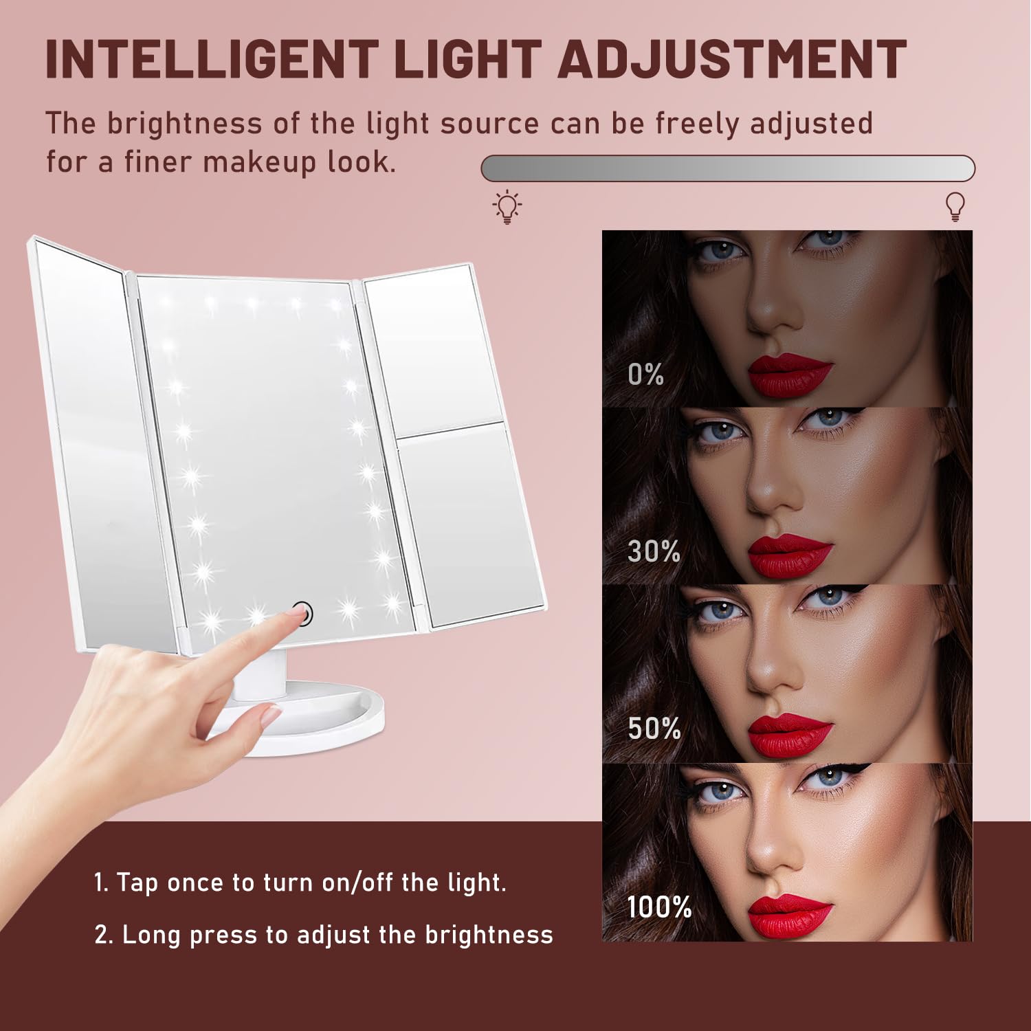 COSTWAY Specchio per Trucco Illuminato, Specchio da Tavolo con 14 Luci LED e Specchio con Ingrandimento 5X, Specchio da Toeletta con 3 Colori e Luminosità Regolabile, 50x43 cm
