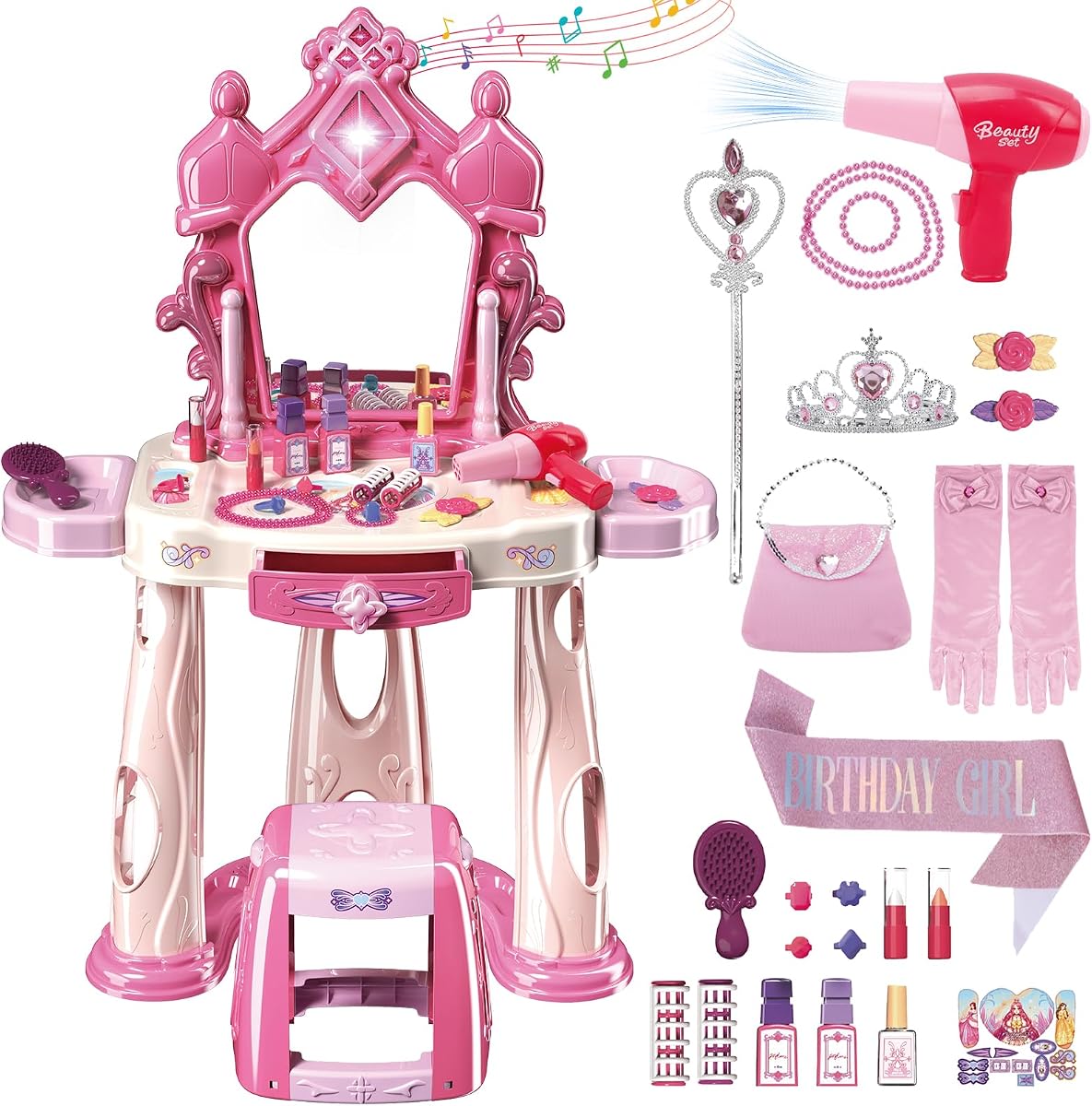 deAO Juego de Mesa de Maquillaje para Niños con Espejo y Silla | Juego de salón de belleza 2 en 1, secador de pelo y juguetes de maquillaje, regalo para niñas de 3, 4 y 5 años