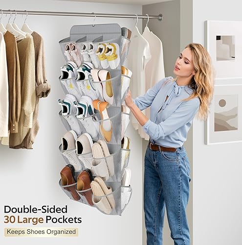 Miniatura 8 de MISSLO Zapatero colgante de doble cara con 30 bolsillos grandes para organizador de armario, con colgador giratorio, estantes colgantes para