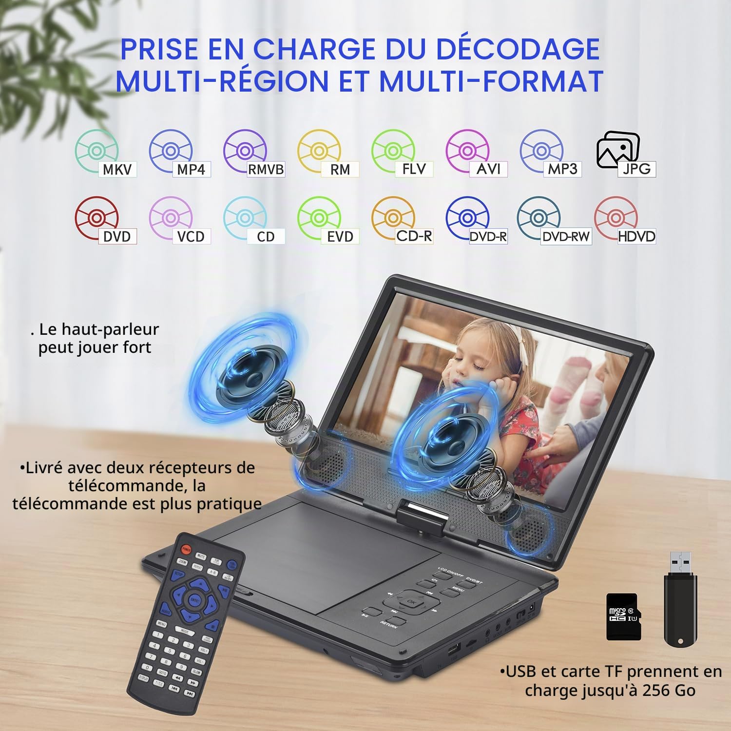 YOOHOO Lecteur DVD Portable Bluetooth 12,5" écran pivotant 10,5" Batterie Rechargeable MKV/MP4